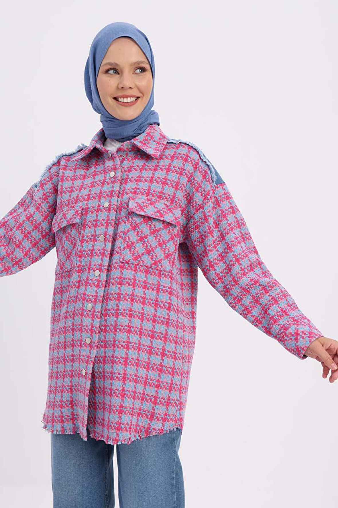 Pembe-Mavi-Denim Garnili Tüvit Gömlek Tunik