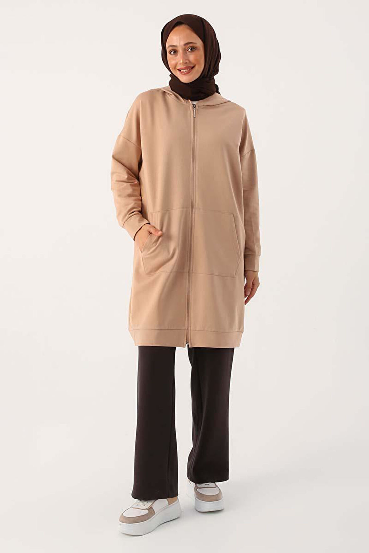 Bej-Fermuarlı Sweat Hırka