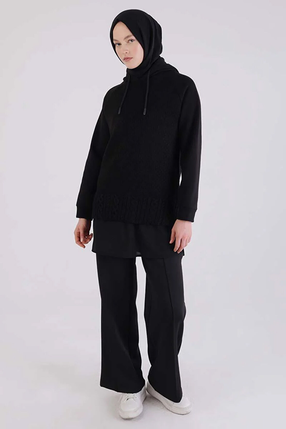 Siyah-Triko Garnili Kapüşonlu Sweatshirt