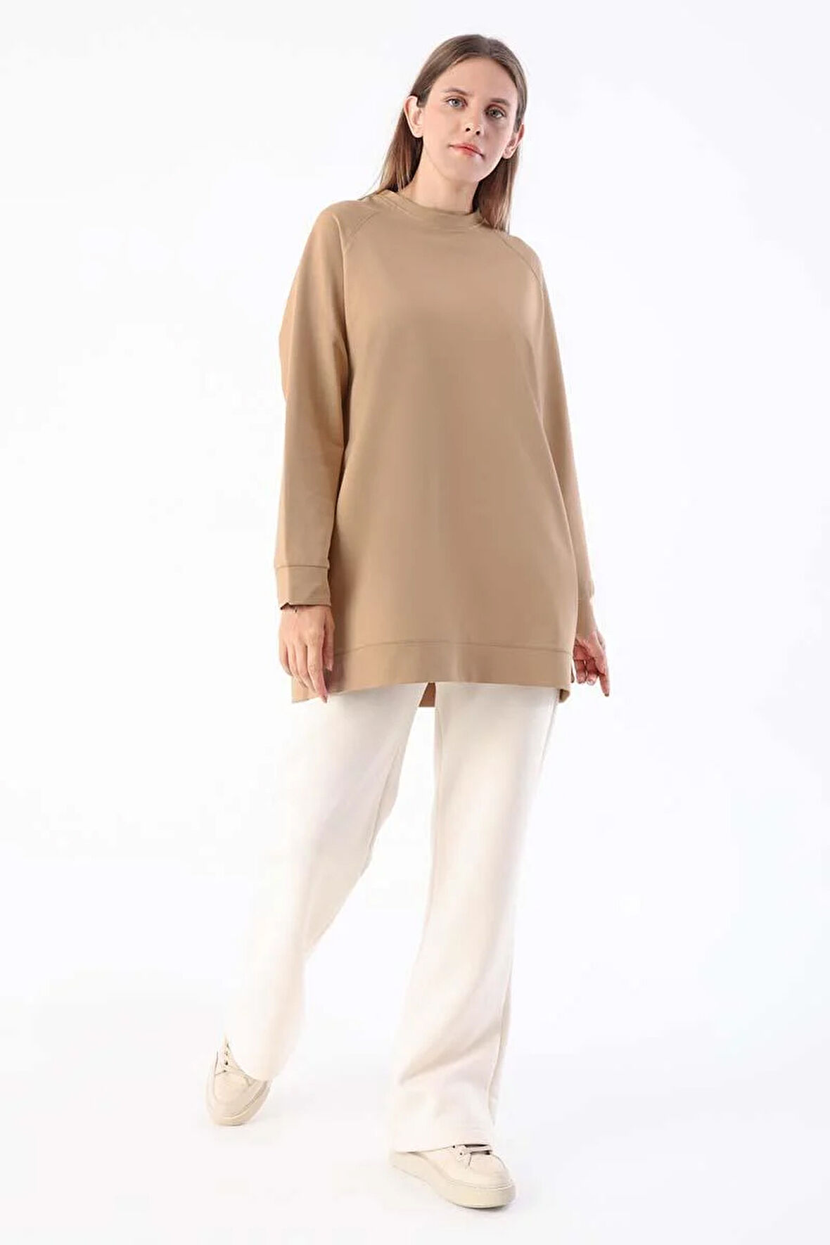 Bej-Bisiklet Yaka Reglan Kol Sweatshirt