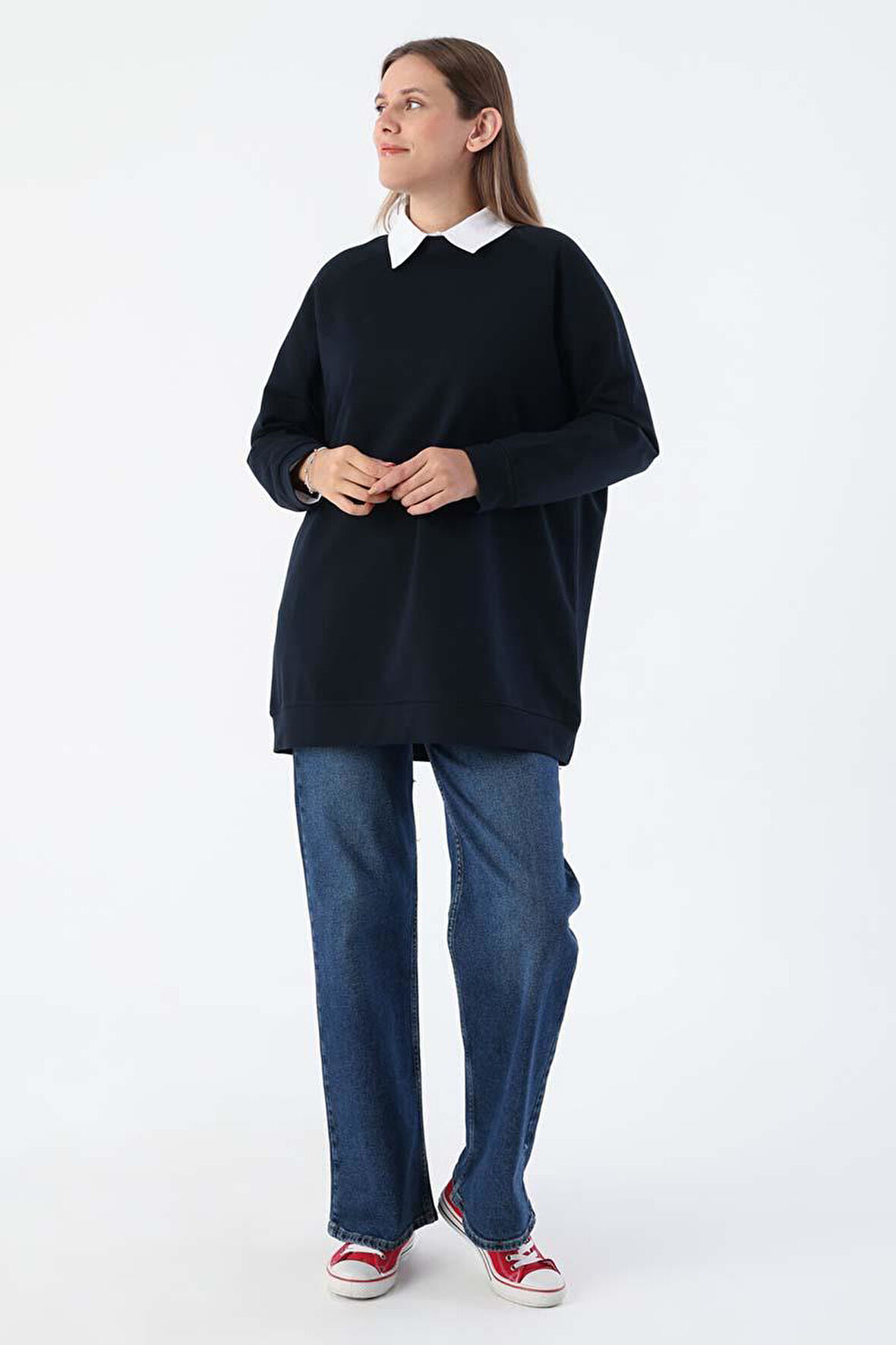 Lacivert-Bisiklet Yaka Reglan Kol Sweatshirt
