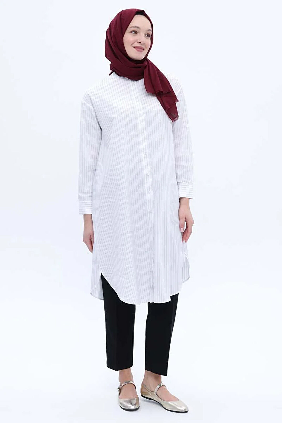 Beyaz-Pamuklu Çizgili Poplin Gömlek Tunik