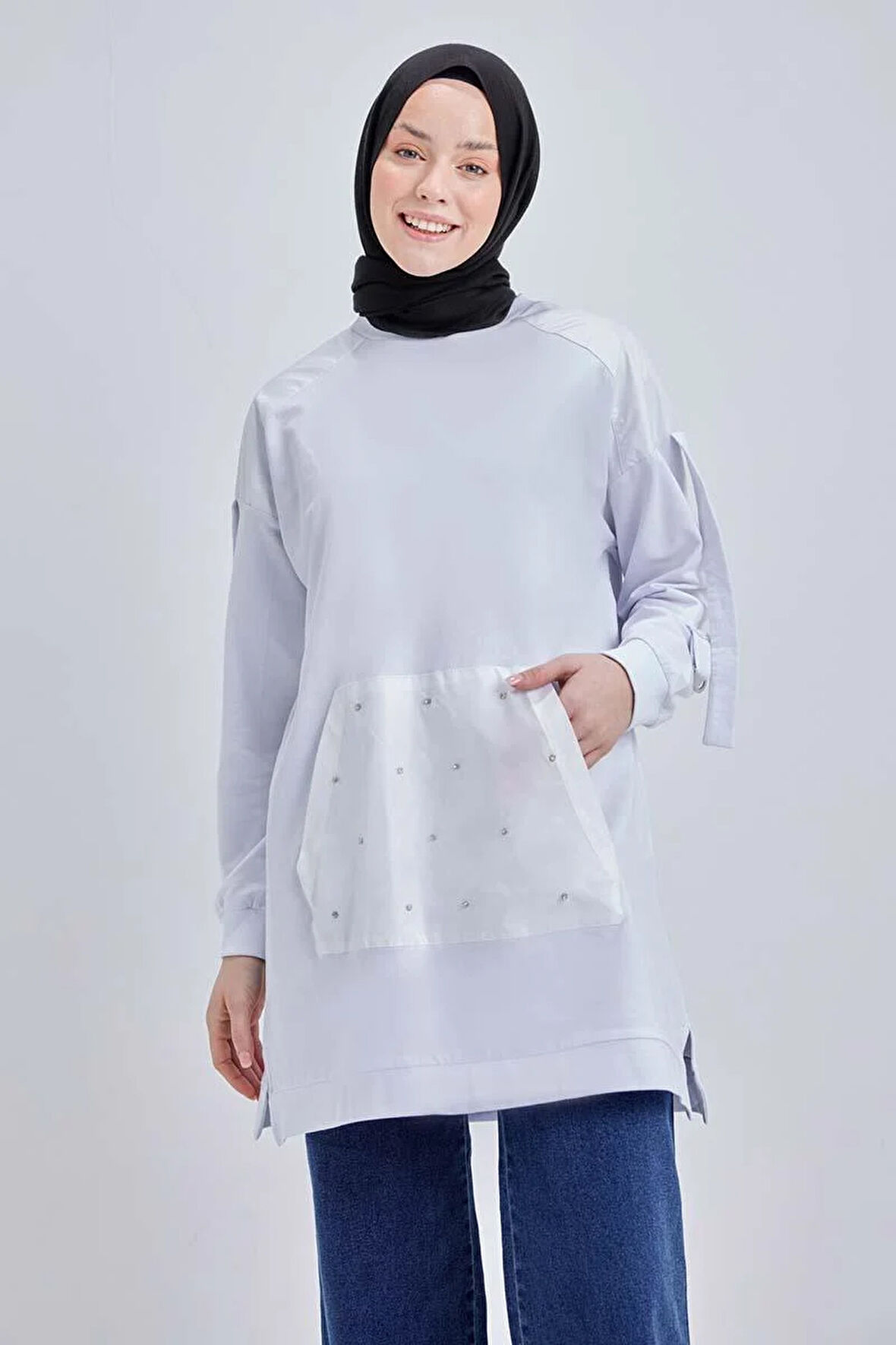 Beyaz-Pamuklu Garnili Taş Detaylı Sweat Tunik