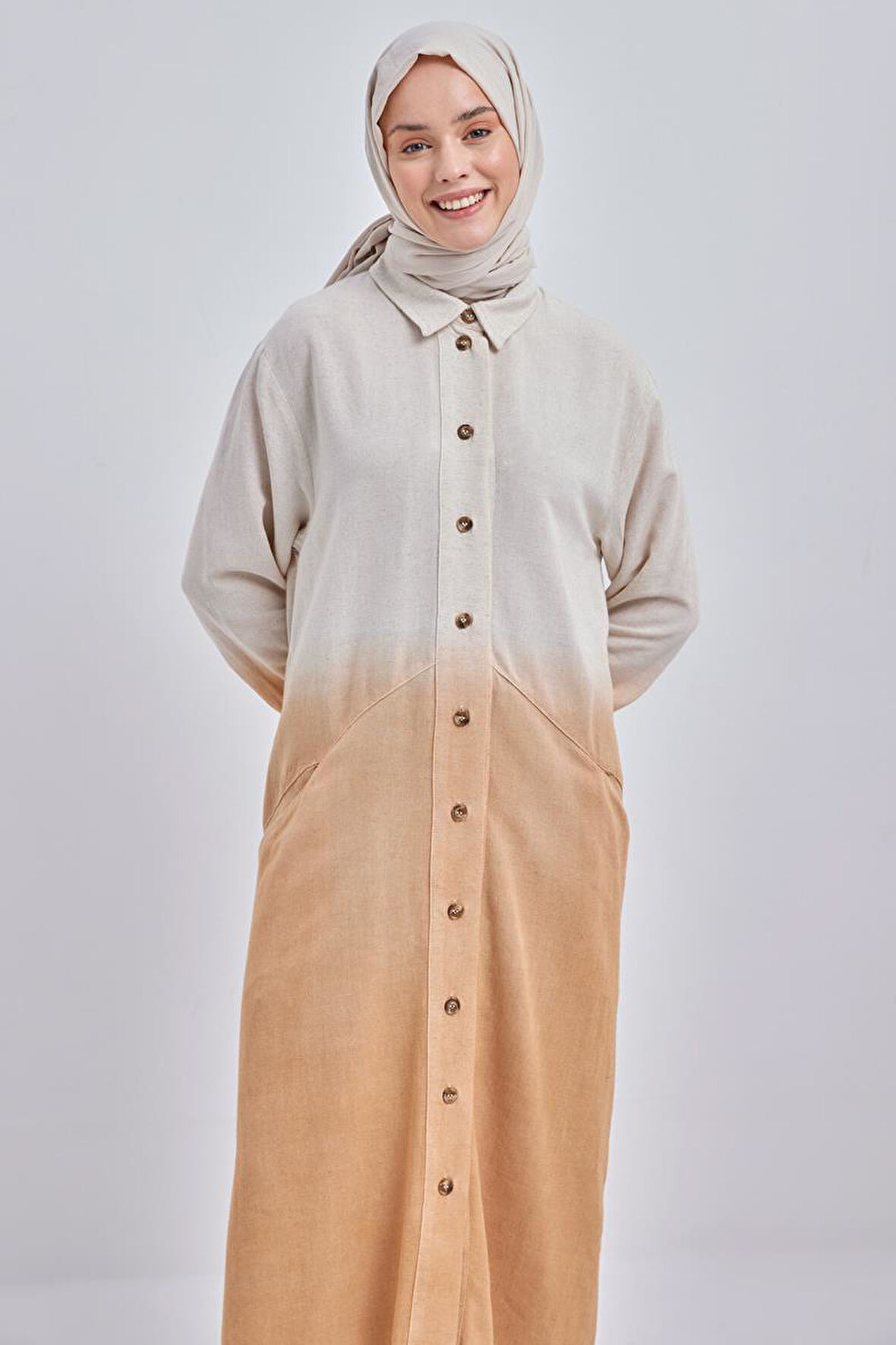 Camel-Degrade Keten Gömlek Tunik