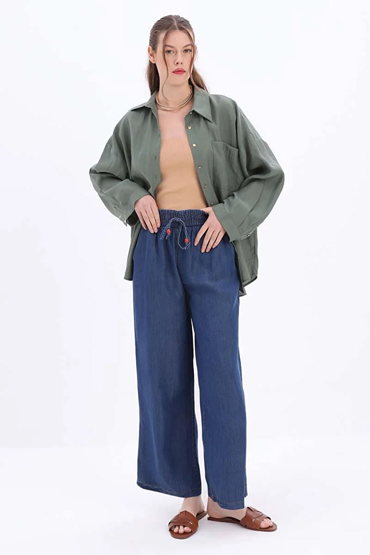 Koyu Mavi-Beli Lastikli Denim Pantolon
