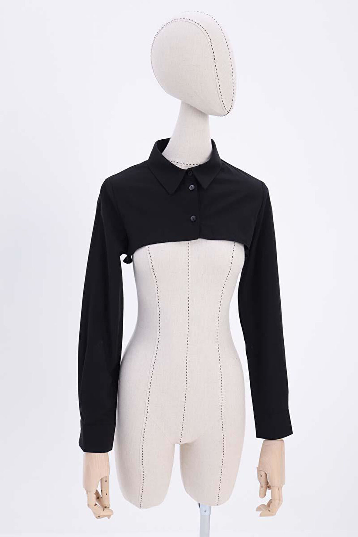 Siyah-%100 Pamuklu Gömlek Yaka Düğmeli Crop İçlik