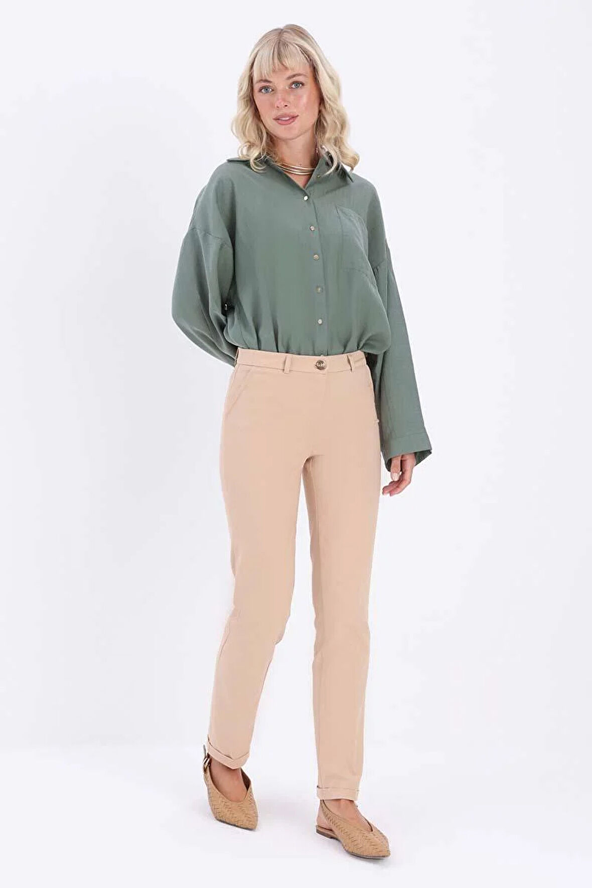 Bisküvi-Pamuklu Duble Paça Dar Kesim Pantolon