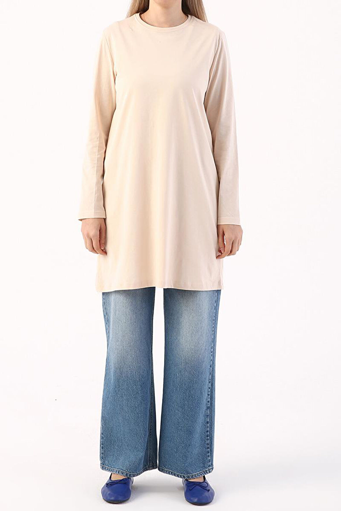 Bej-Basic Pamuklu Süprem Sweat Tunik