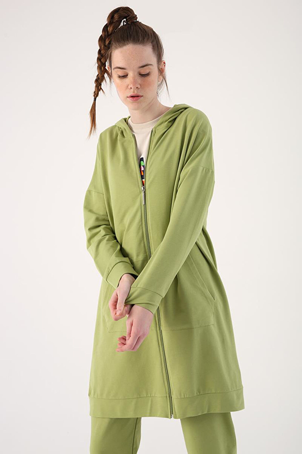 Açık Yeşil-Fermuarlı Sweat Hırka