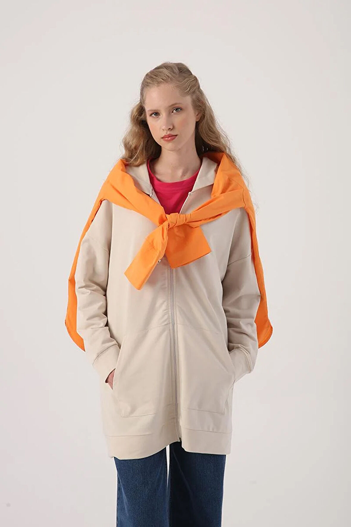 Açık Bej-Fermuarlı Sweat Hırka