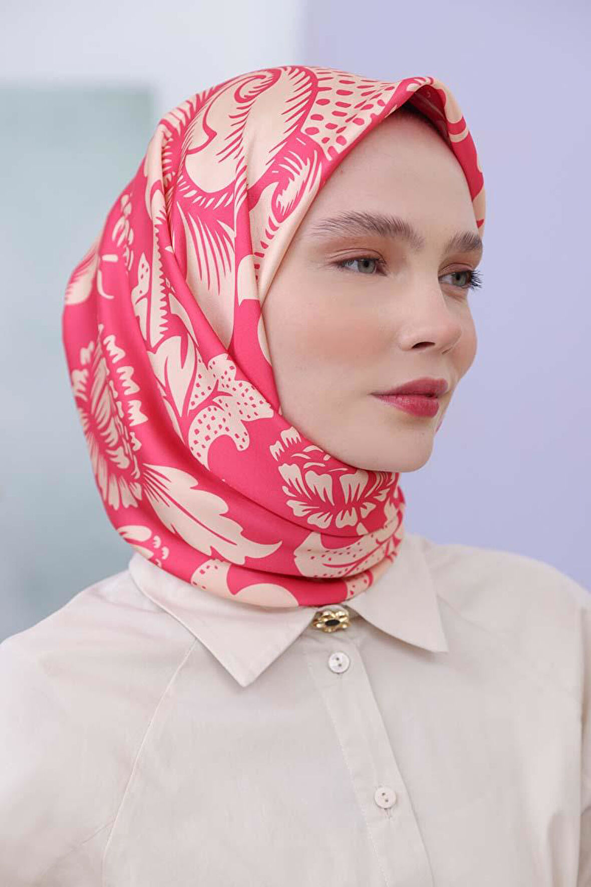 Fuşya-Bej-Desenli Twil Nora Eşarp
