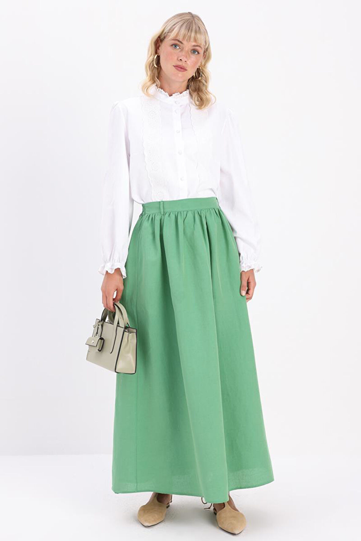 Yeşil-Keten Kloş Etek