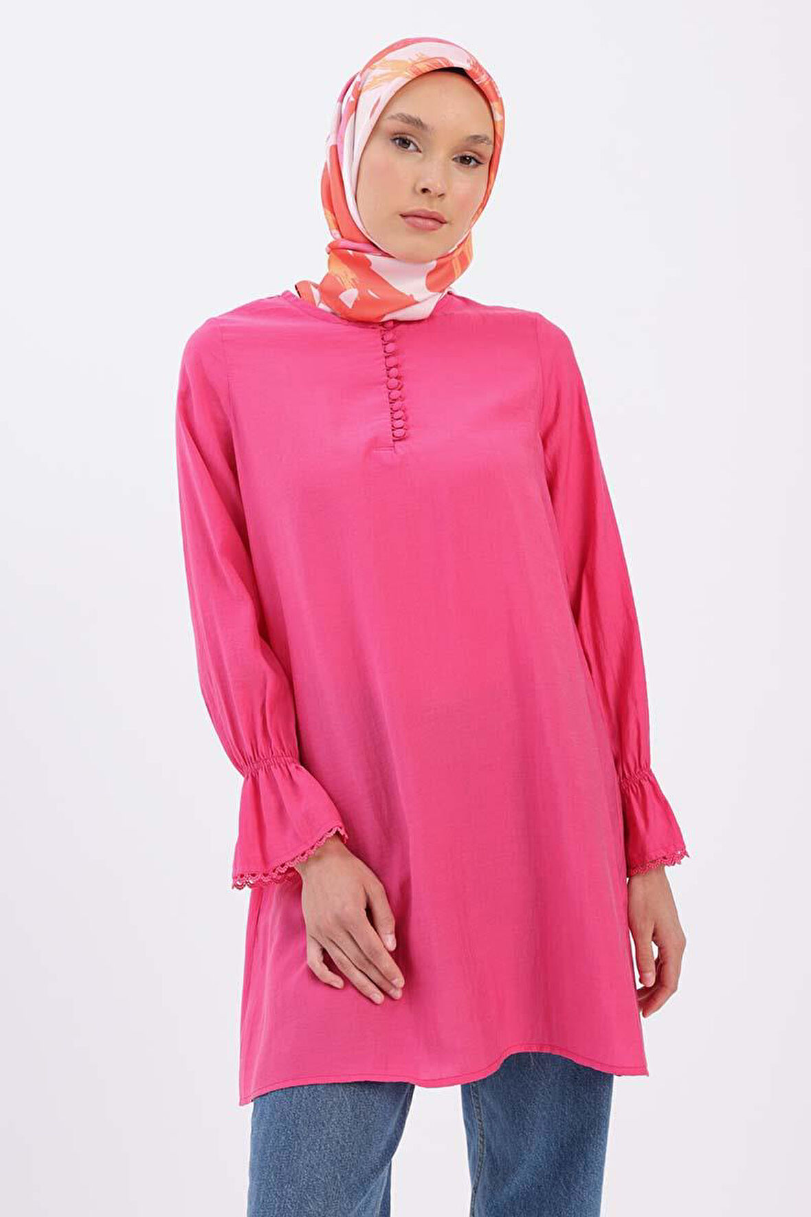 Pembe-Fisto Detaylı Sık Düğmeli Tensel Tunik