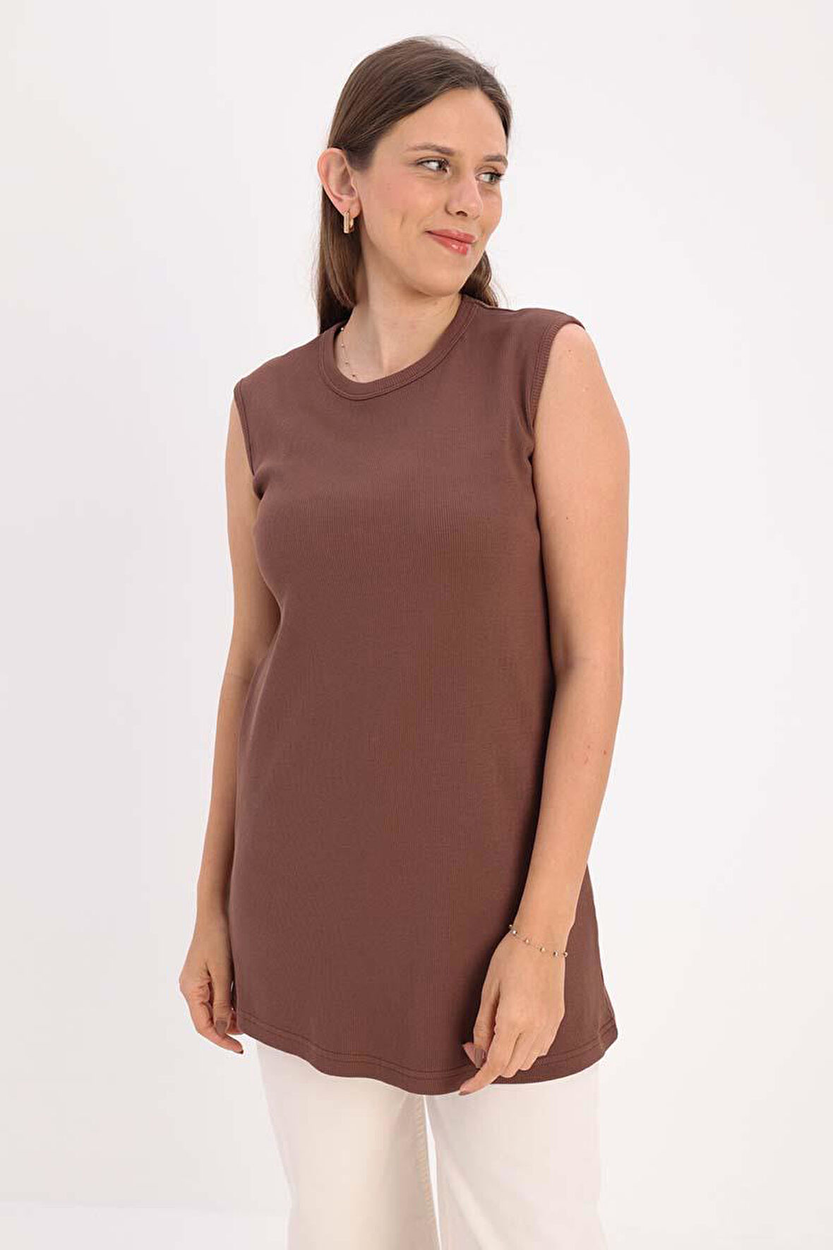 Açık Kahve-Pamuklu Fitilli Kolsuz T-Shirt