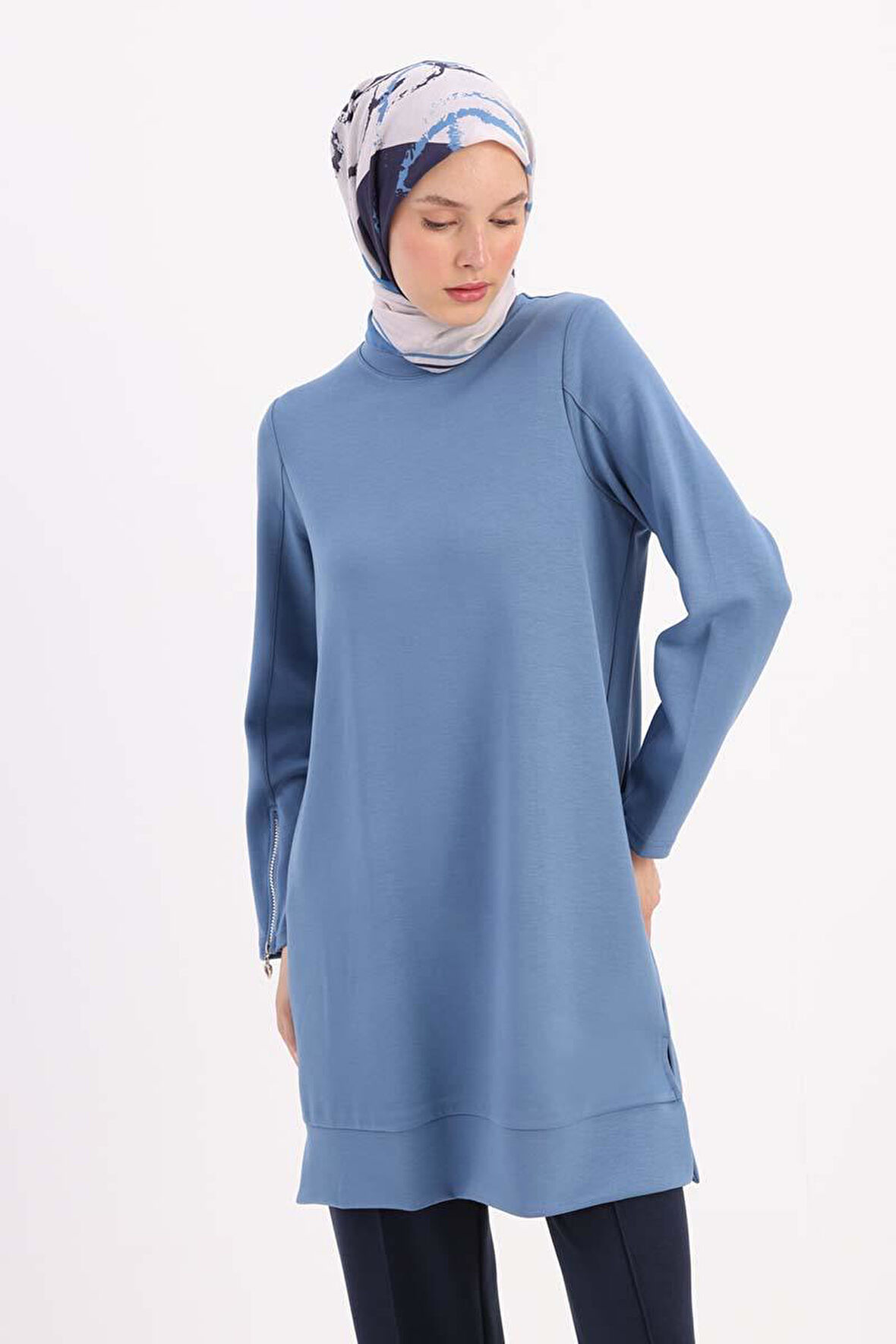 Mavi-Kolu Fermuarlı Tunik