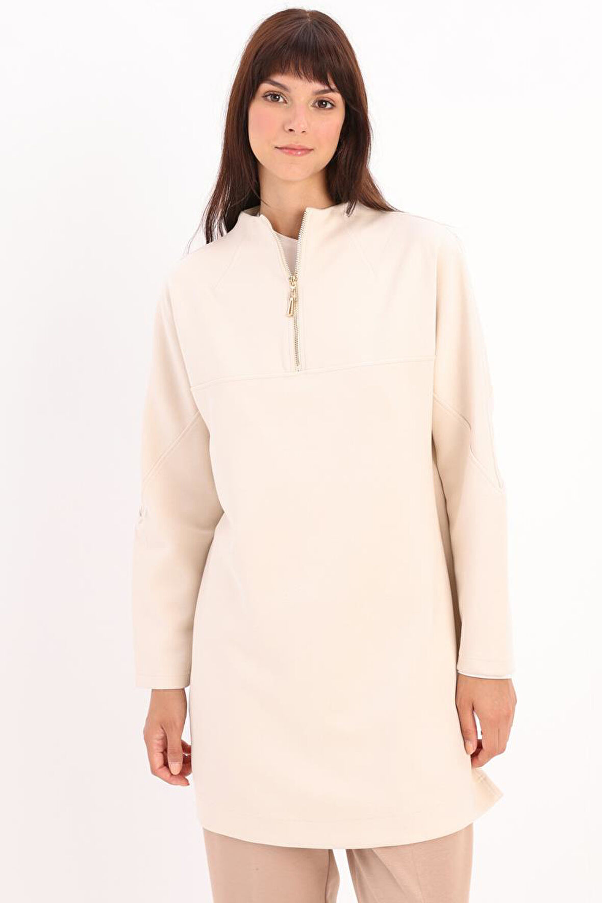 Açık Bej-Dik Yakalı Robalı Tunik