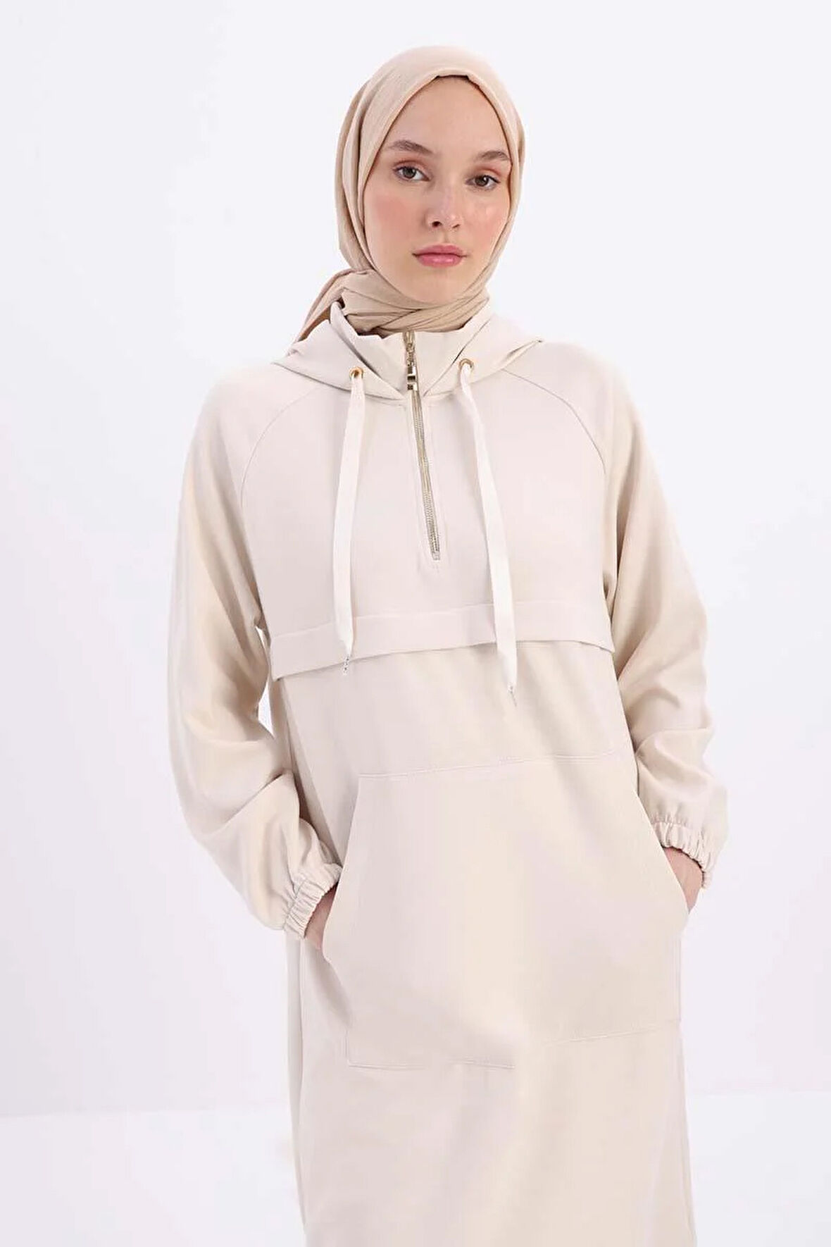 Açık Bej-Ön Roba Dubleli Sweat Tunik