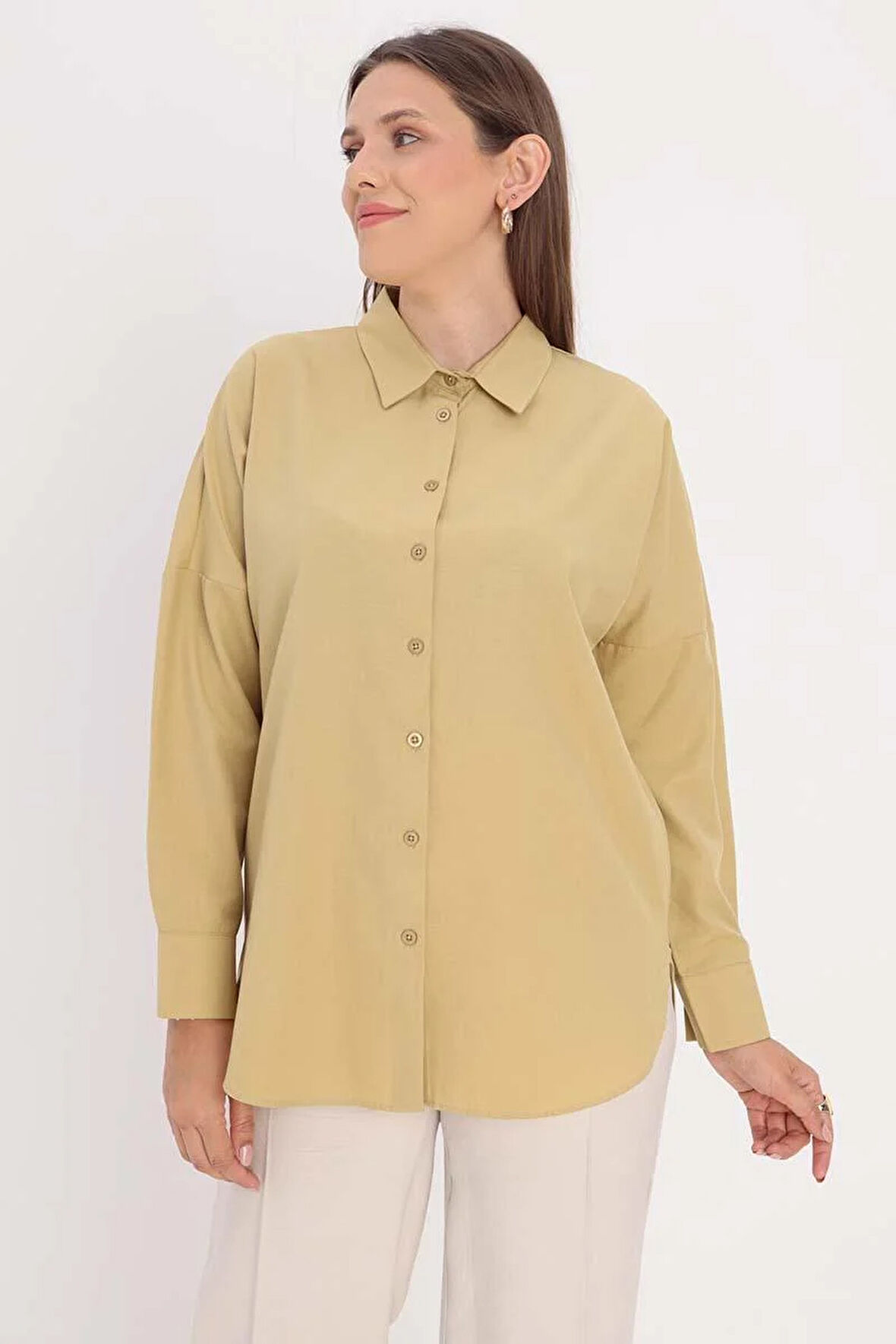 Olive-Oversize Basic Gömlek