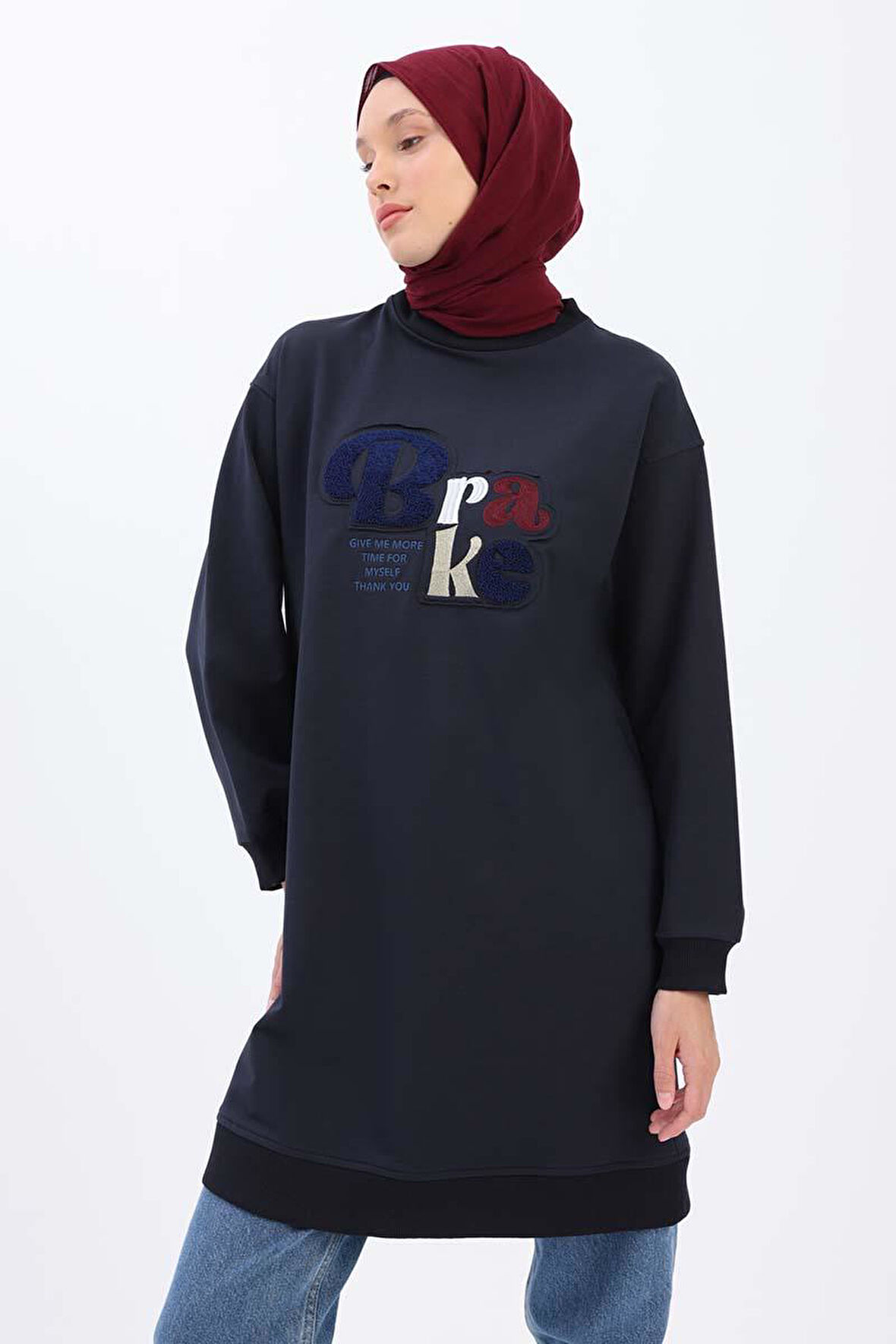 Lacivert-APLİKE NAKIŞLI SWEAT TUNİK