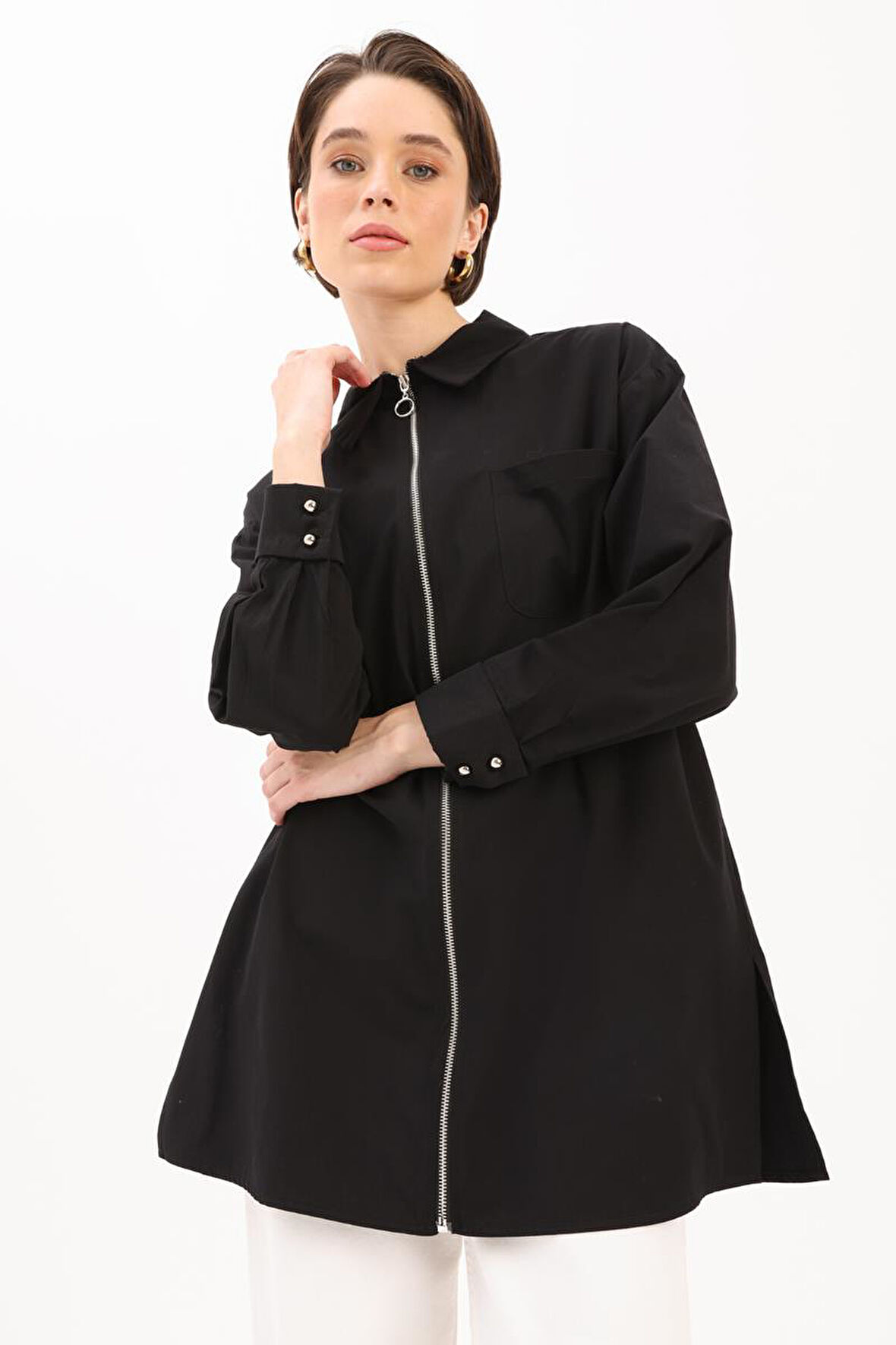 Siyah-FERMUARLI MANŞETİ DUBLELİ GÖMLEK TUNİK