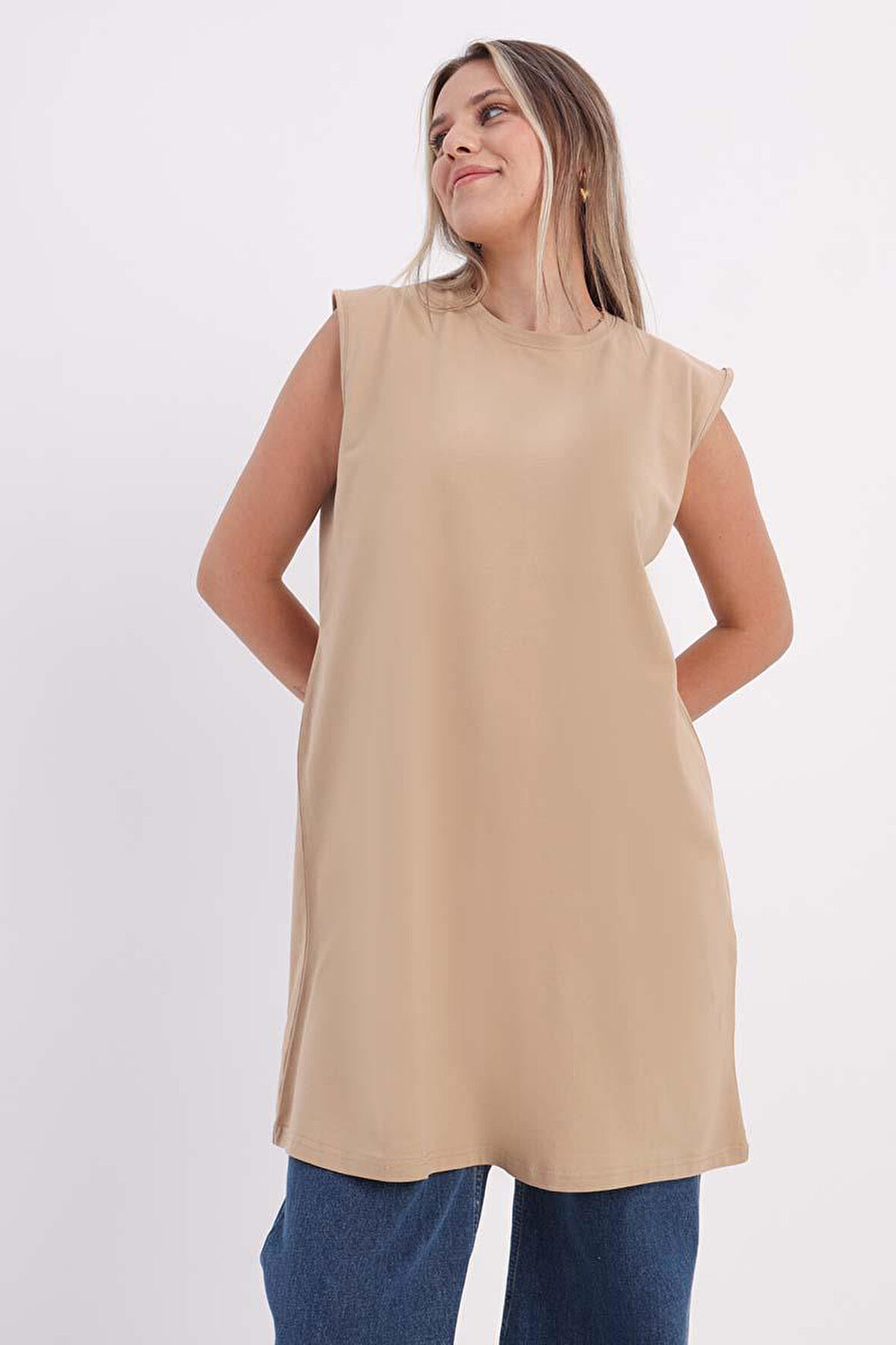 Bej-Yaka Biyeli Kolsuz T-Shirt Tunik