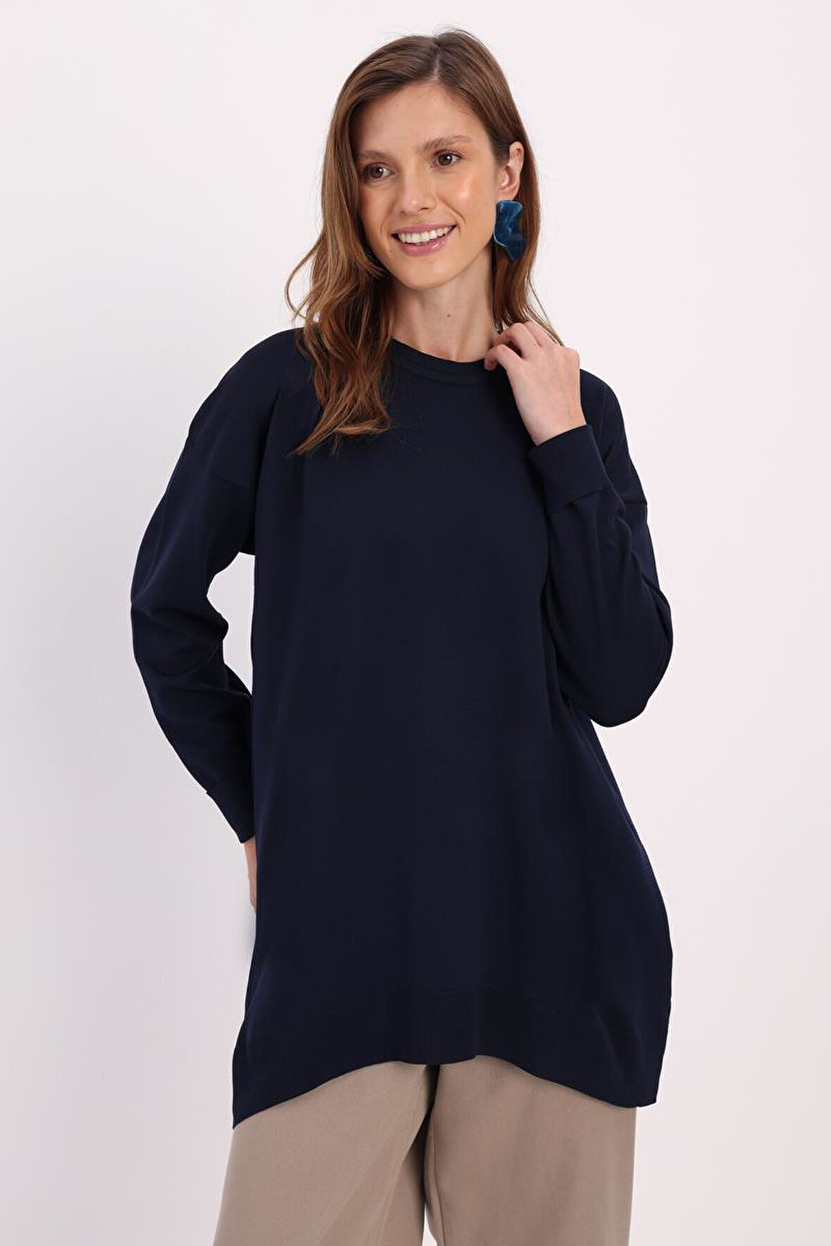 Lacivert-MANŞETİ DUBLE KATLAMALI TUNİK