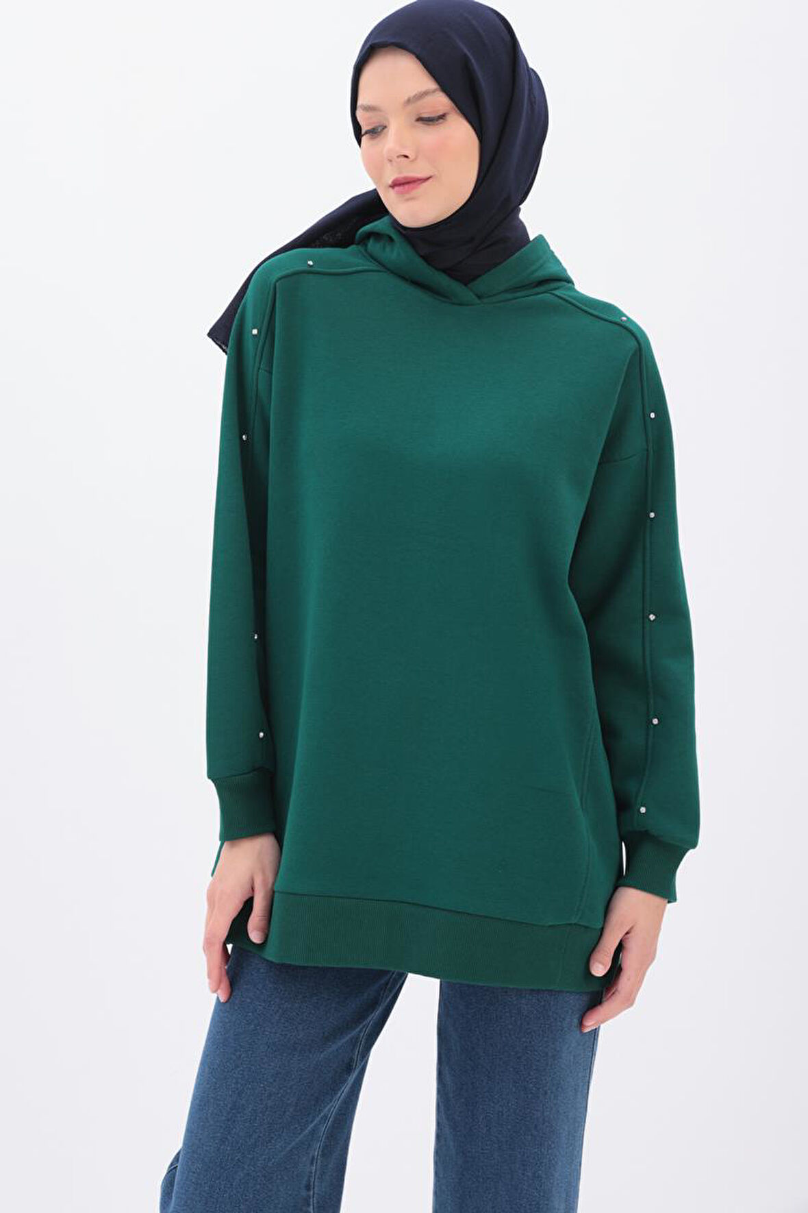 Zümrüt-KOLLARI TAŞLI KAPÜŞONLU SWEAT TUNİK