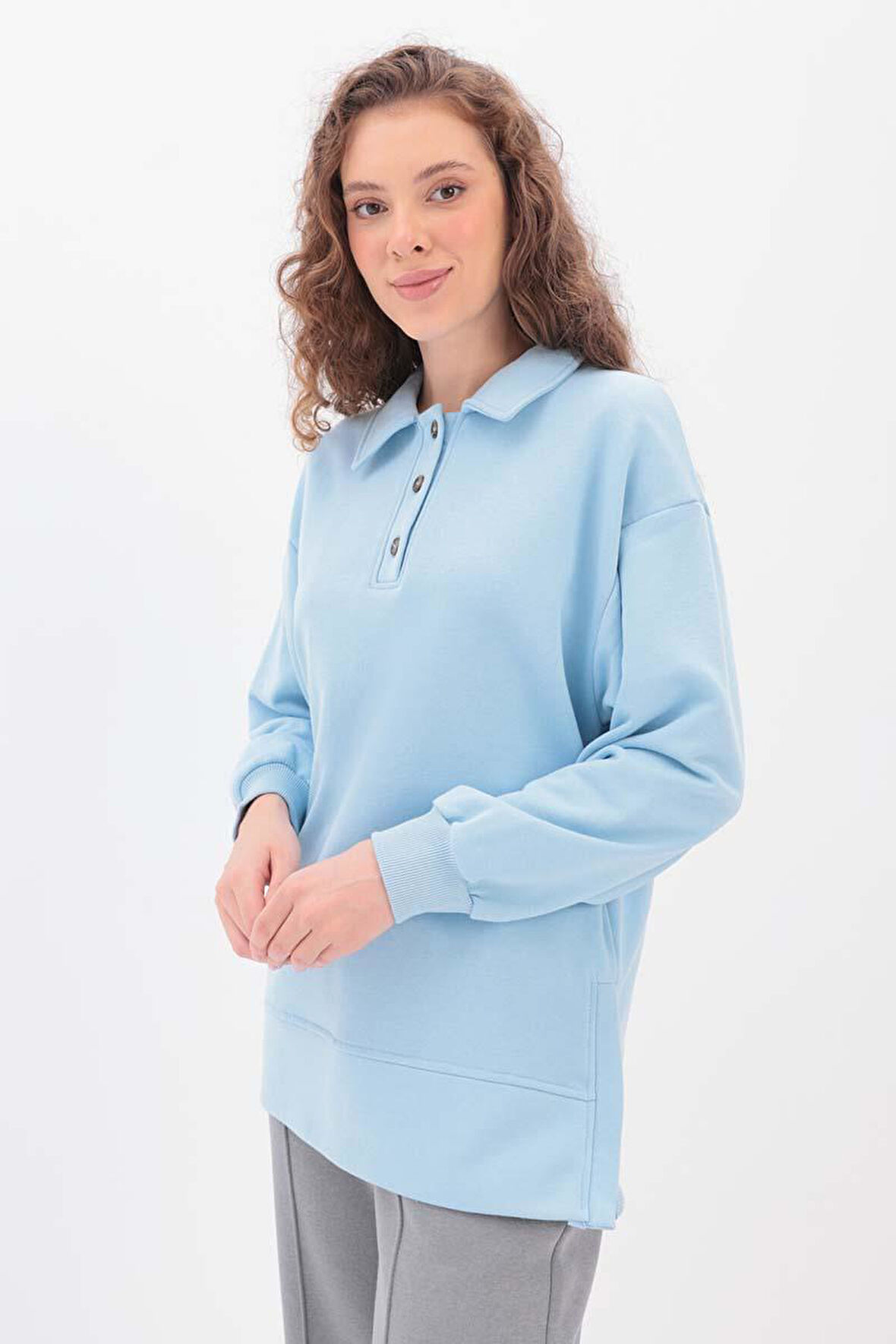 Açık Mavi-Yanları Fermuarlı Yakalı Sweat Tunik