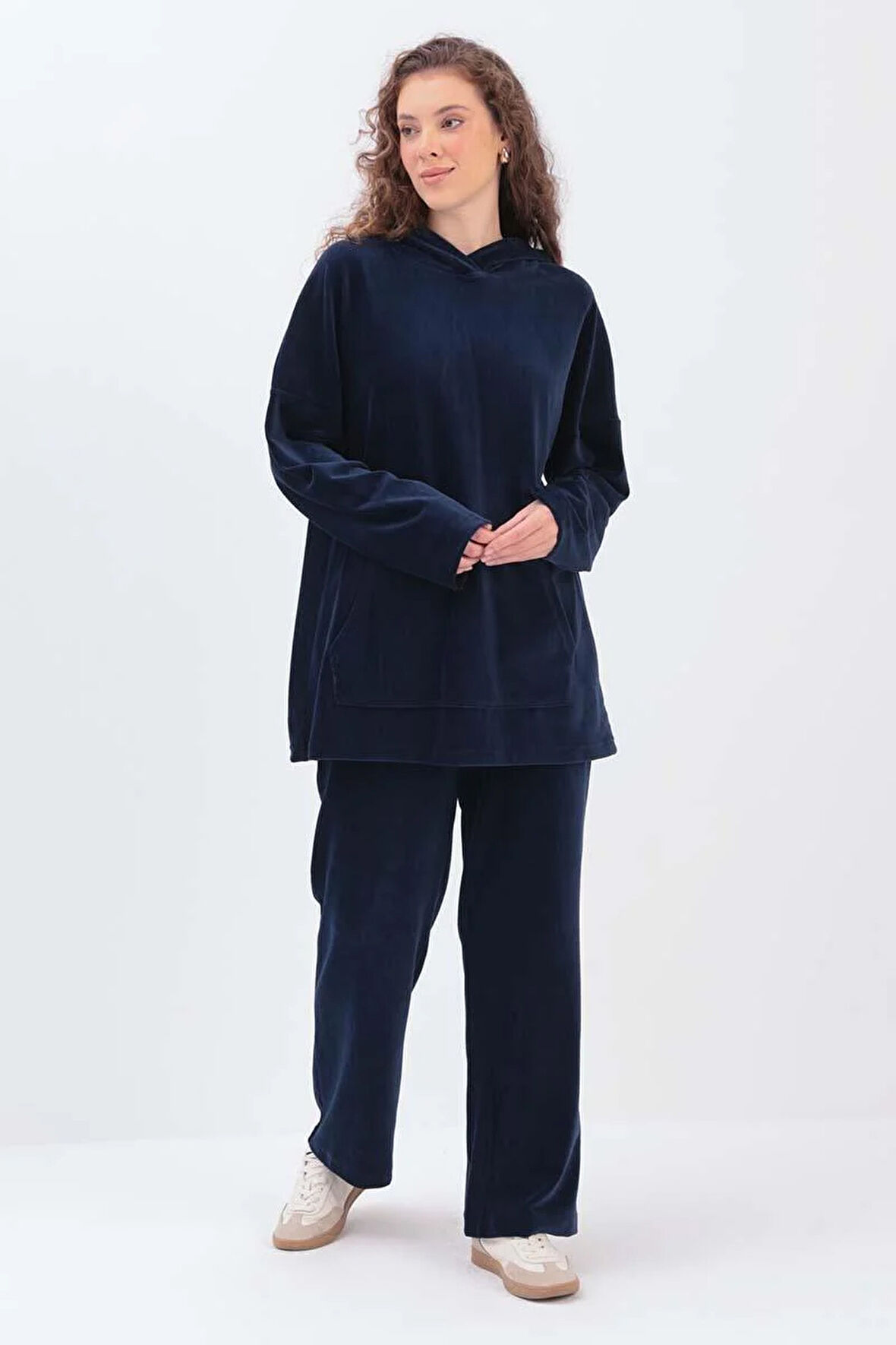 İndigo-KAPÜŞONLU KANGURU CEPLİ PANTOLONLU TAKIM
