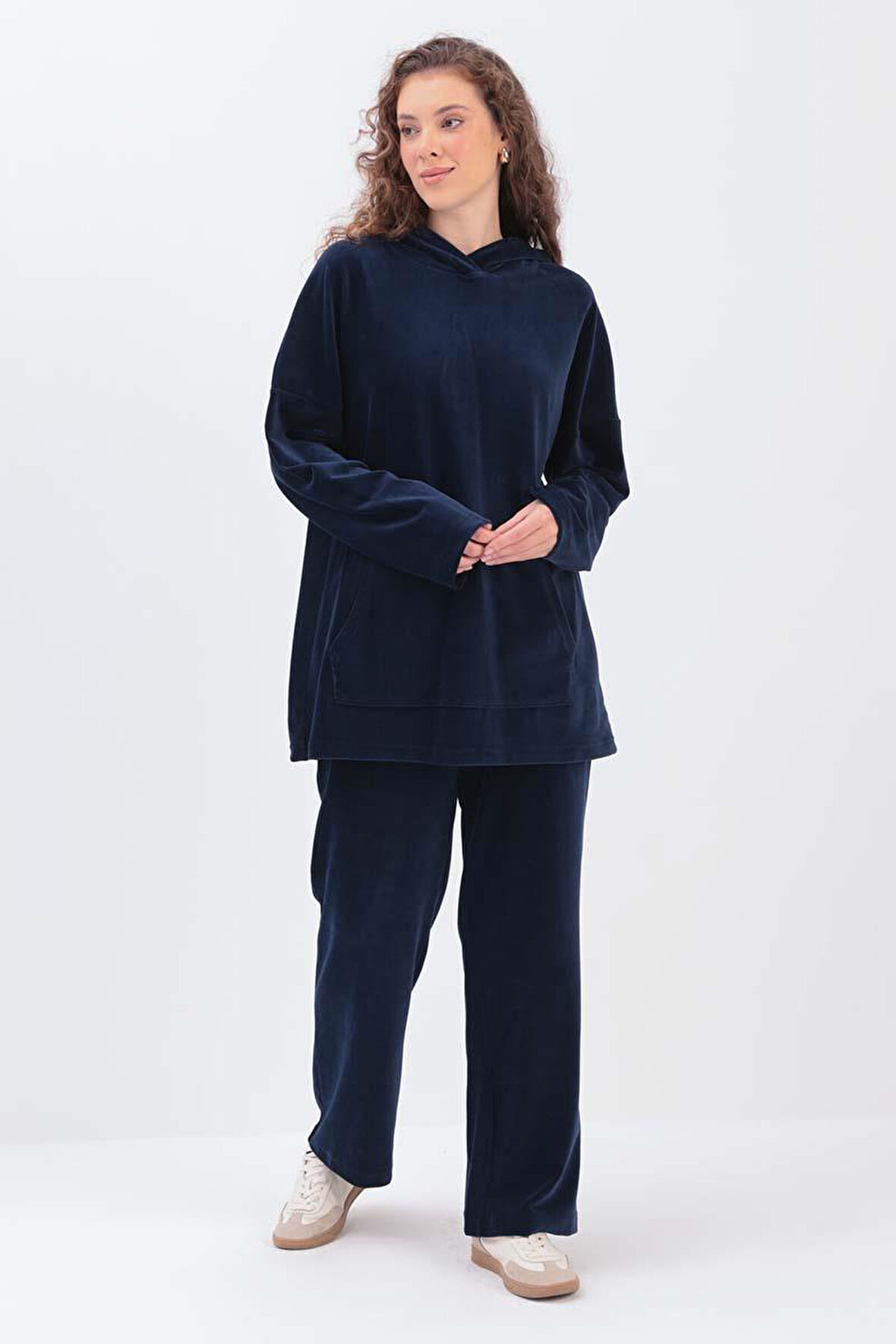 İndigo-KAPÜŞONLU KANGURU CEPLİ PANTOLONLU TAKIM