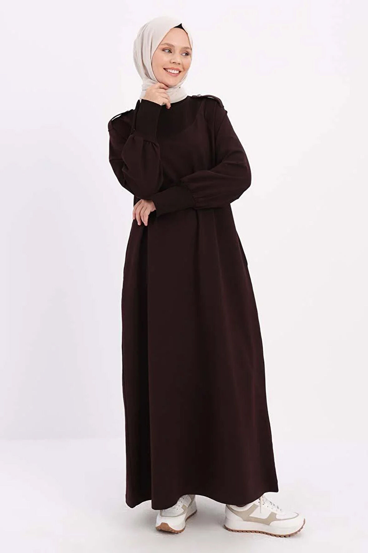 Acı Kahve-Pamuklu Kolları Düğmeli Apoletli Elbise