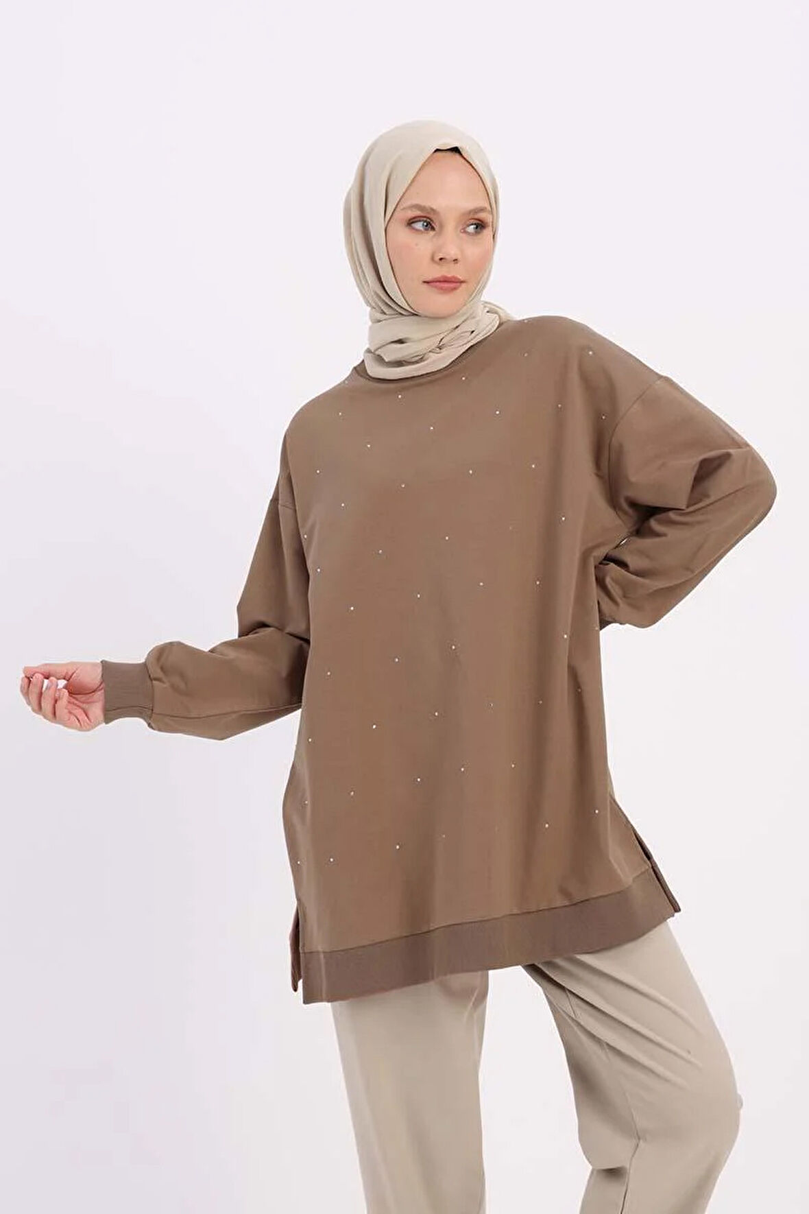 Vizon-Taşlı Sweat Tunik