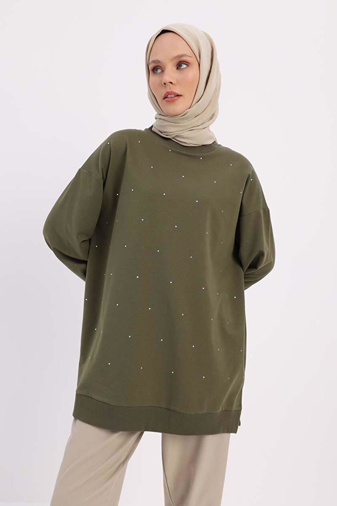 Haki-Taşlı Sweat Tunik