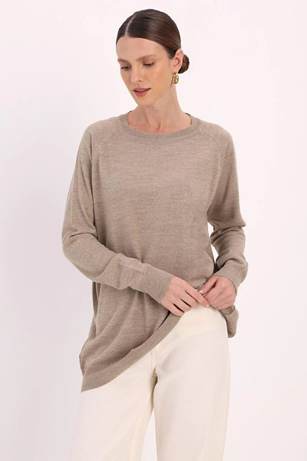 Bej-BASİC REGLAN BİSİKLET YAKA KAZAK