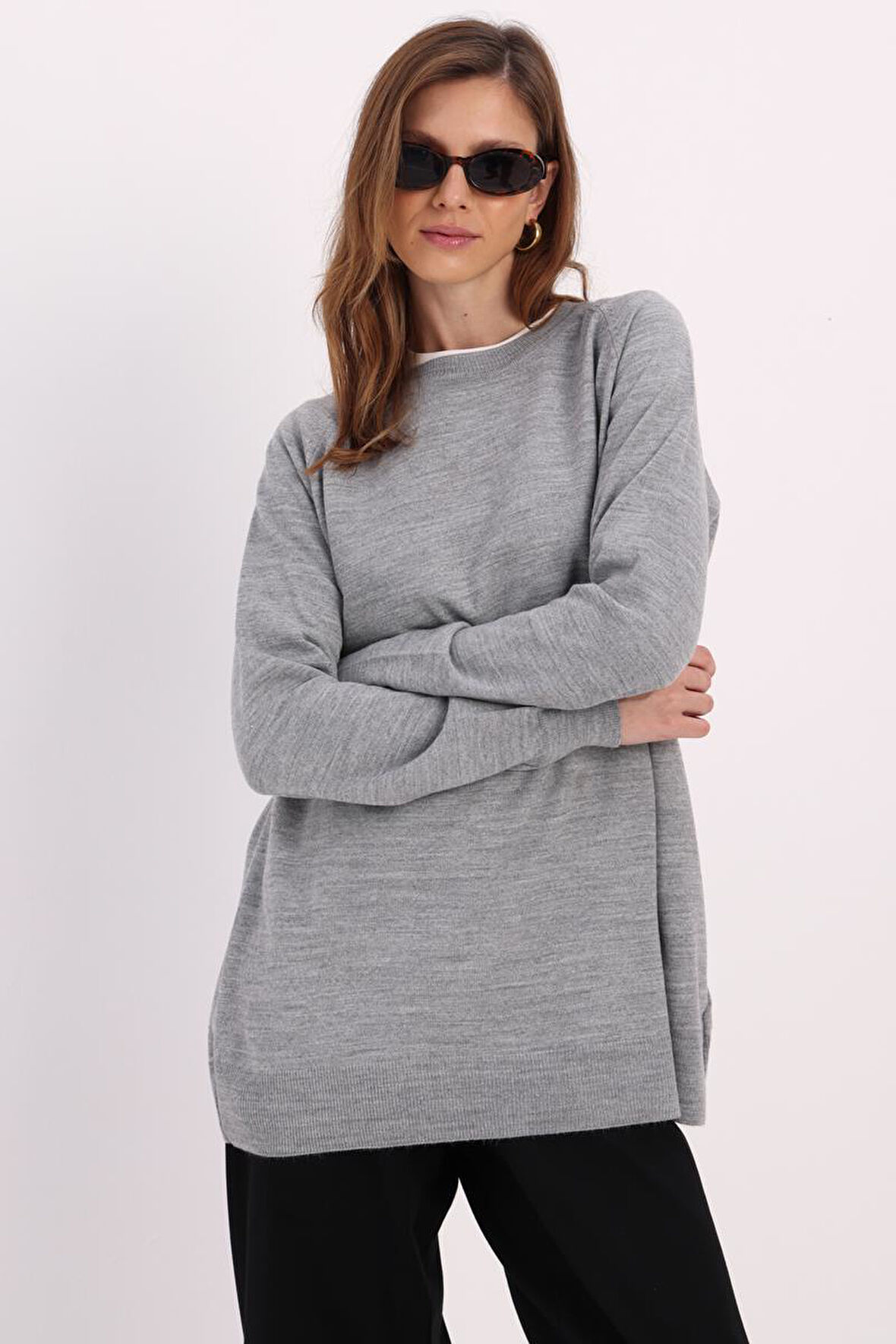 Açık Gri-BASİC REGLAN BİSİKLET YAKA KAZAK