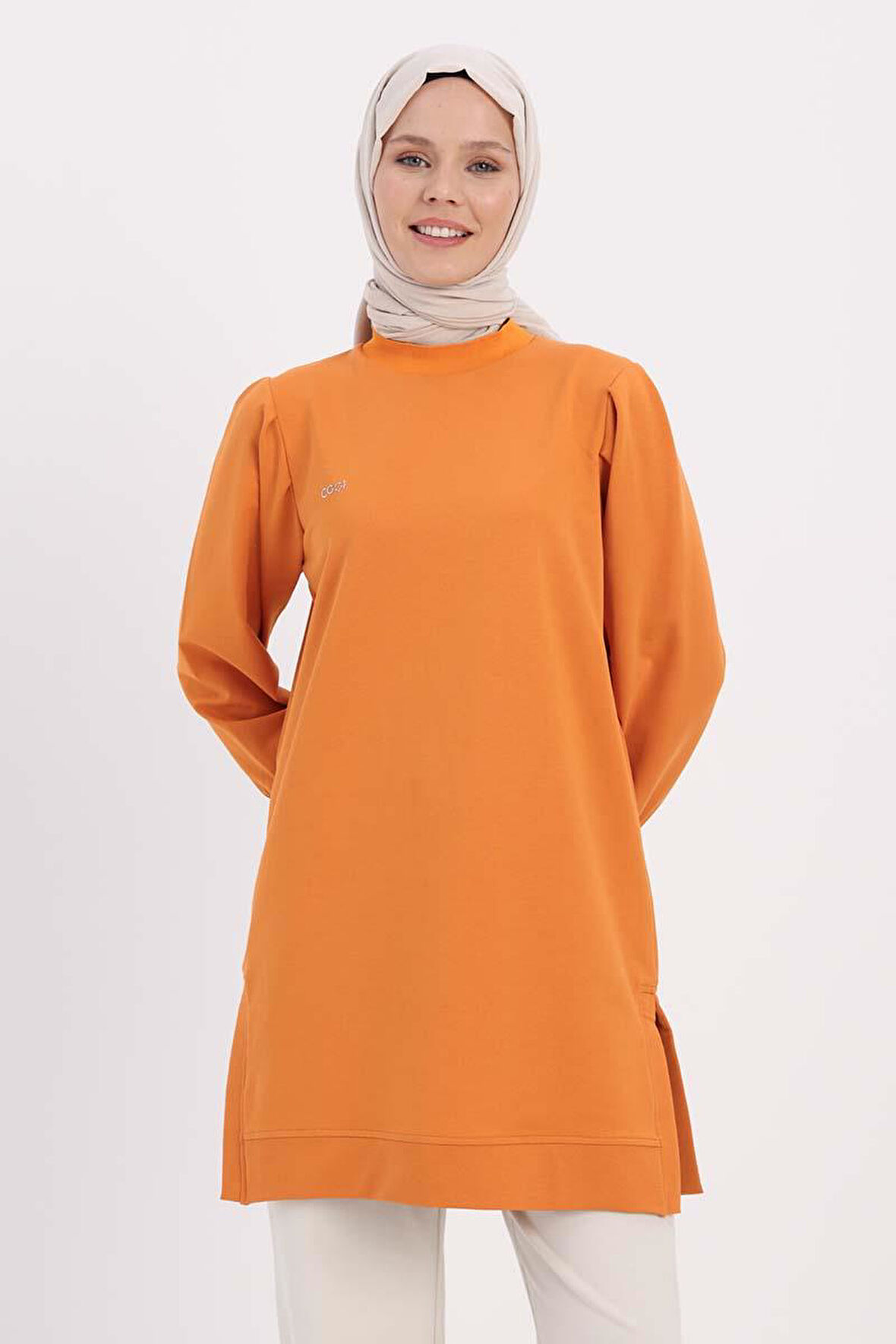 Turuncu-TAŞ YAZILI KOLU PİLELİ YANI YIRTMAÇLI TUNİK