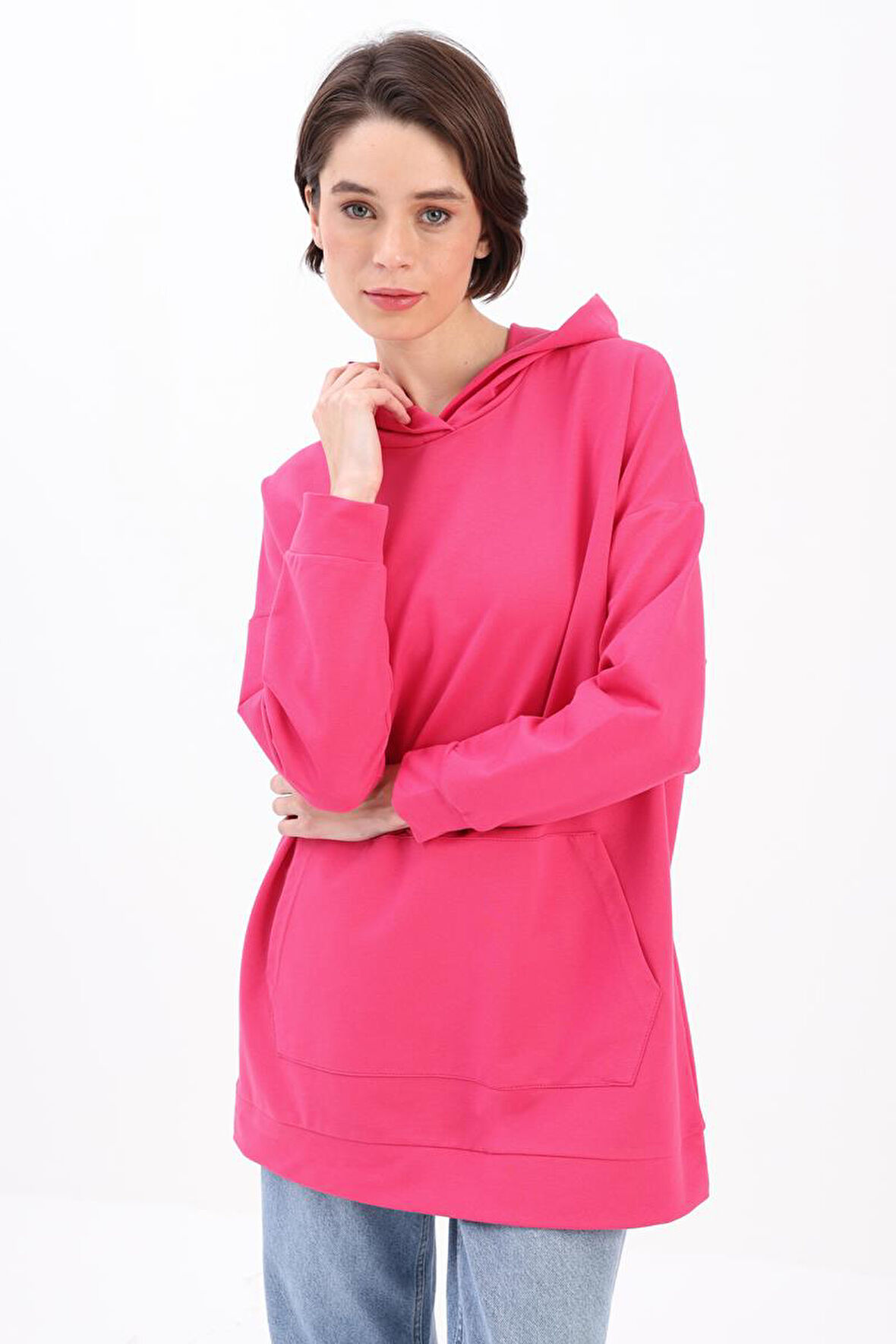 Fuşya-Kapüşonlu Sweat Tunik