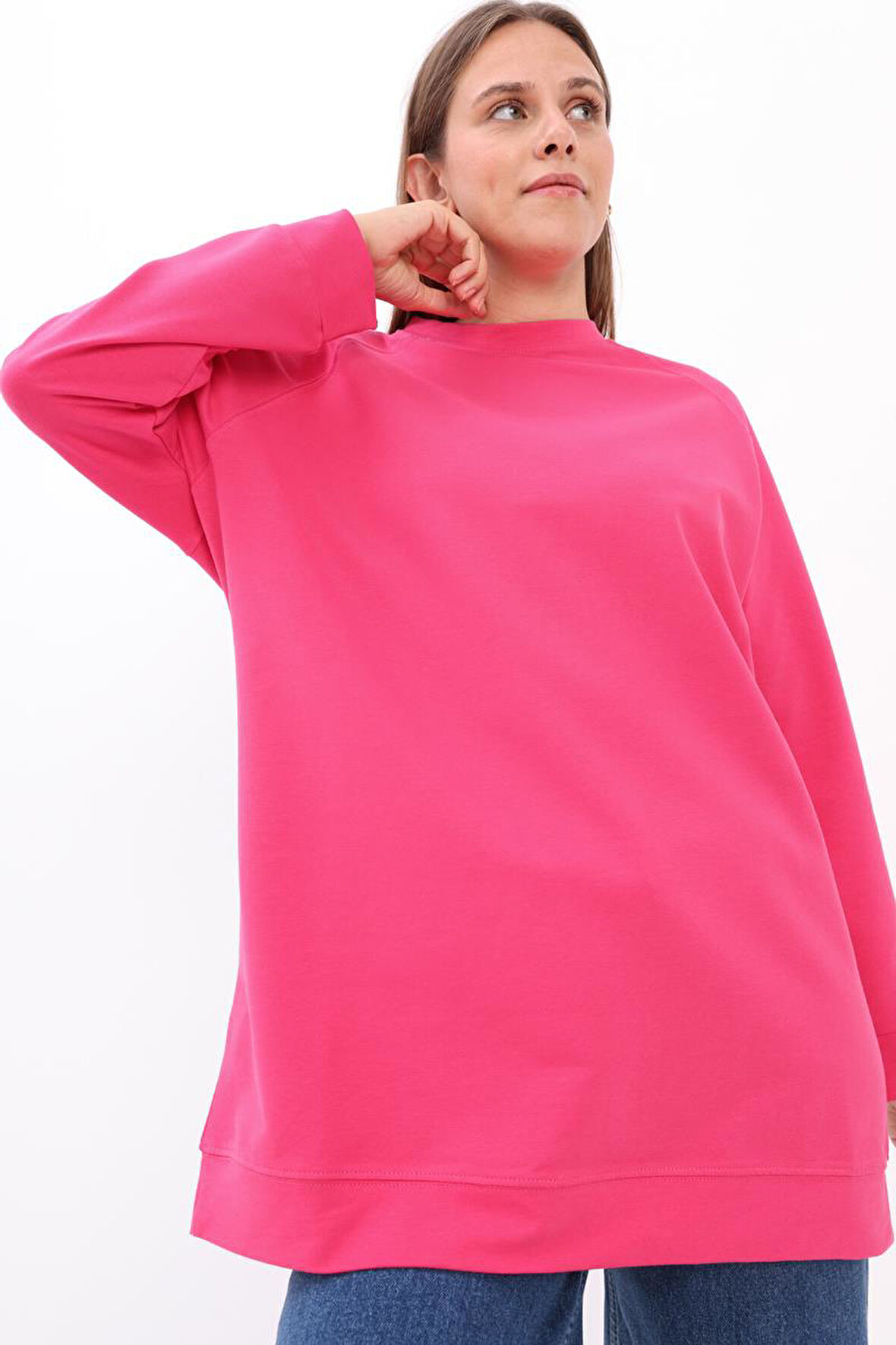 Fuşya-Bisiklet Yaka Reglan Kol Sweatshirt