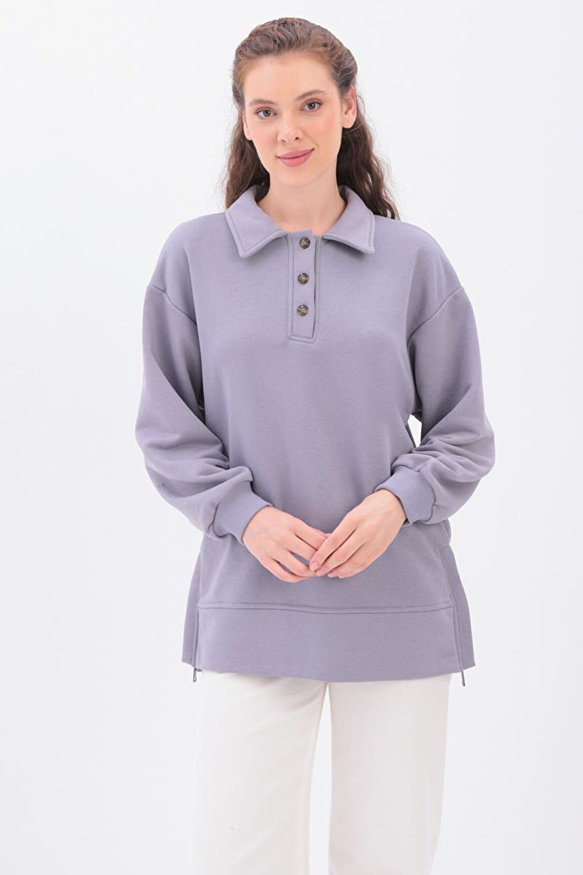 Gri-Yanları Fermuarlı Yakalı Sweat Tunik
