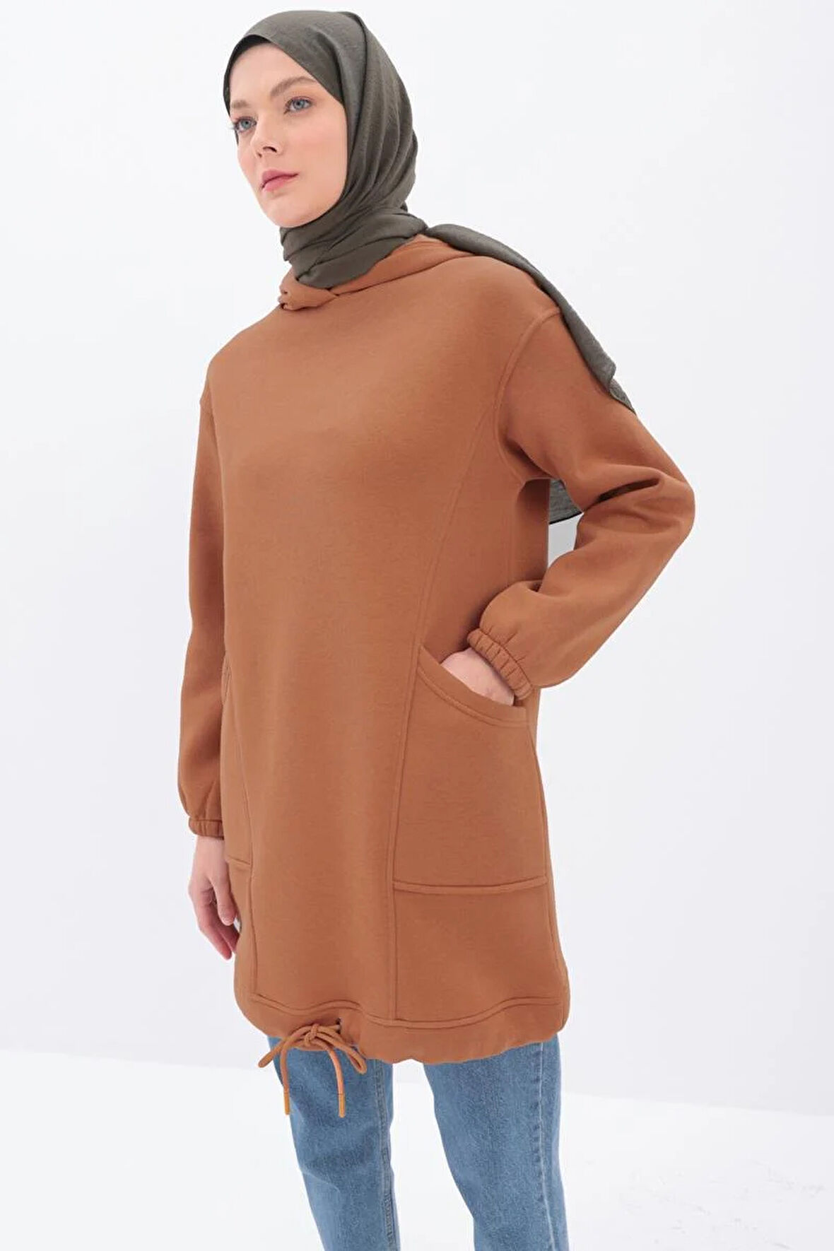 Açık Kiremit-Kulplu Kapüşonlu Sweat Tunik