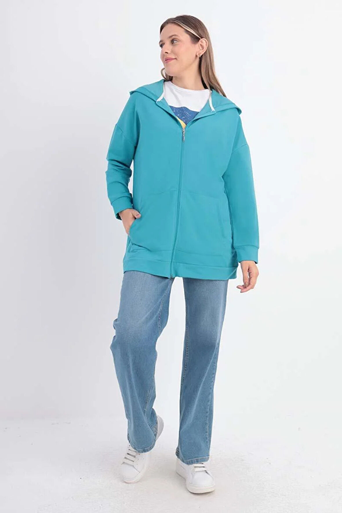 Turkuaz-Fermuarlı Sweat Hırka