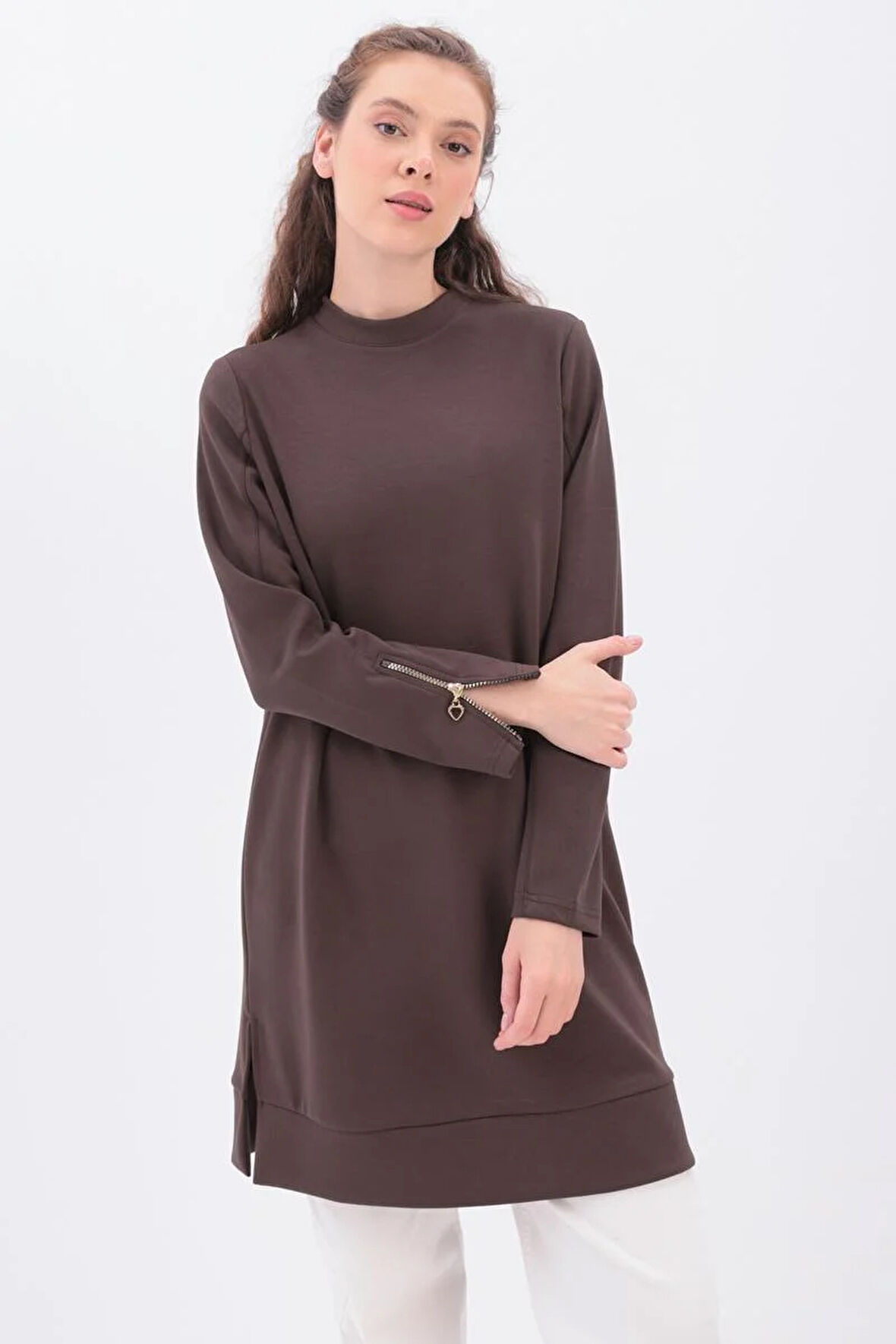 Kahve-Kolu Fermuarlı Tunik