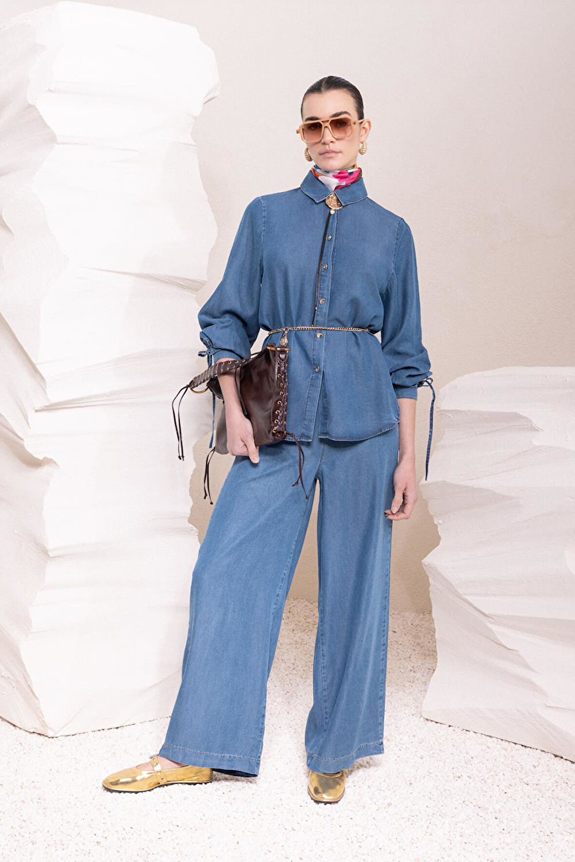 Açık Mavi-Belden Bağlamalı Viskon Gömlek Tunik