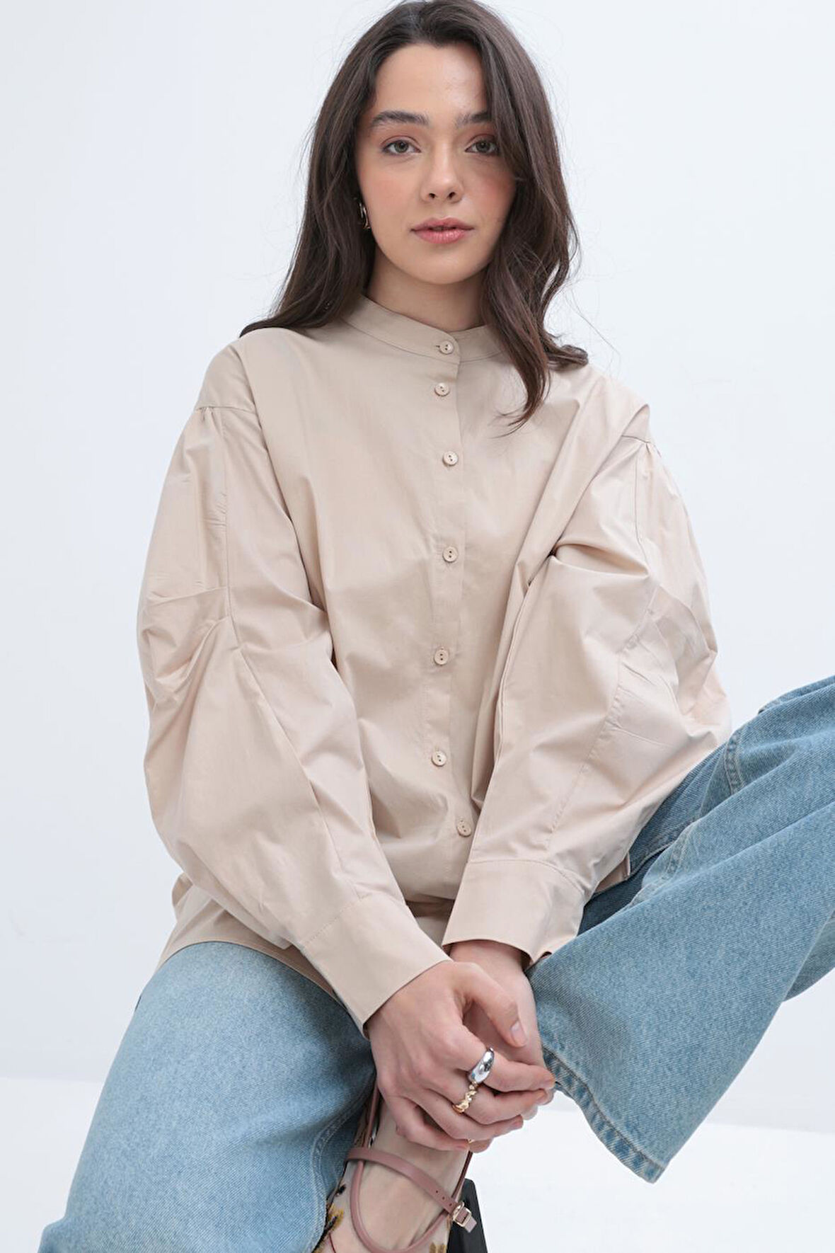 Allday İnce Kuşaklı Pileli Poplin Gömlek X51314A0