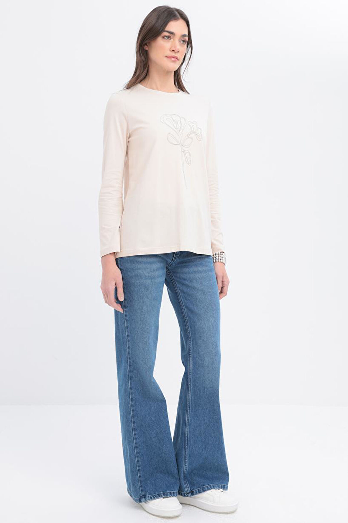 Allday Zincir Nakışlı Uzun Kollu Kadın T-shirt S16034A0