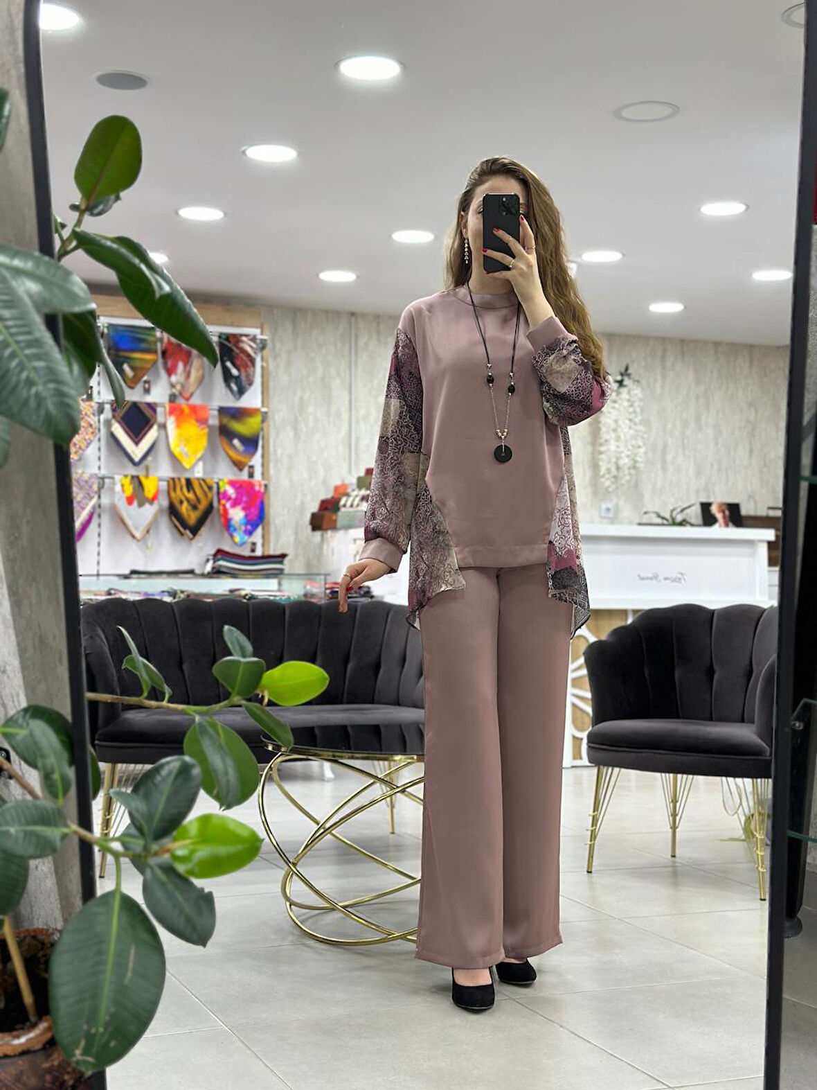 Levidor - Desenli Şifon Pantolonlu İkili Takım