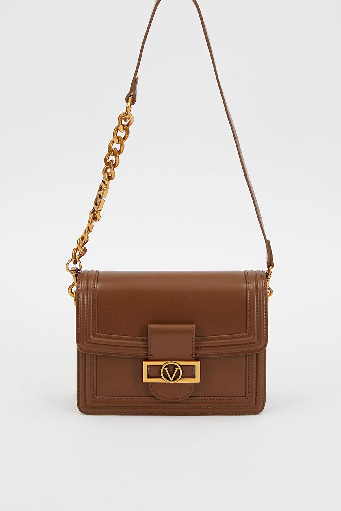 Kapaklı Logo ve Zincir Detaylı Kadın Şık Omuz Çantası LV930240 Koyu Kahve