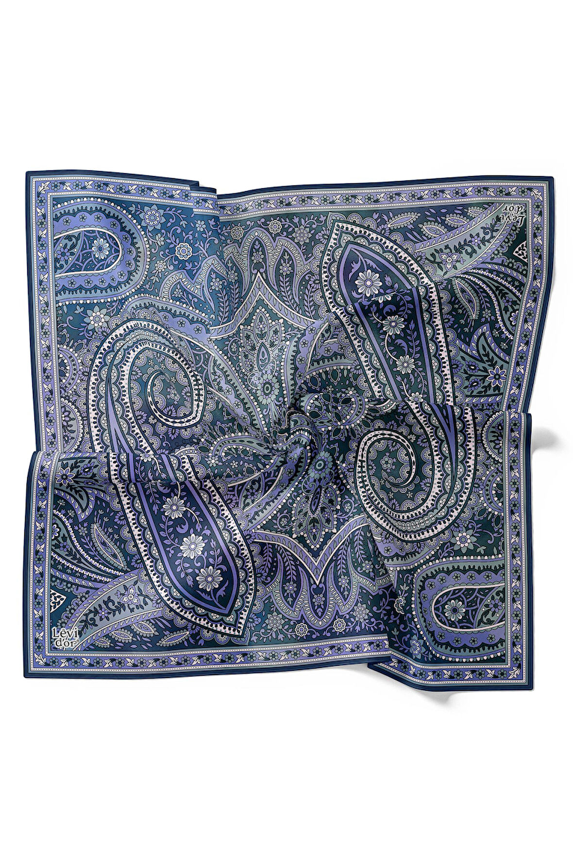 Mavi Retro Desen Twill İpek Eşarp