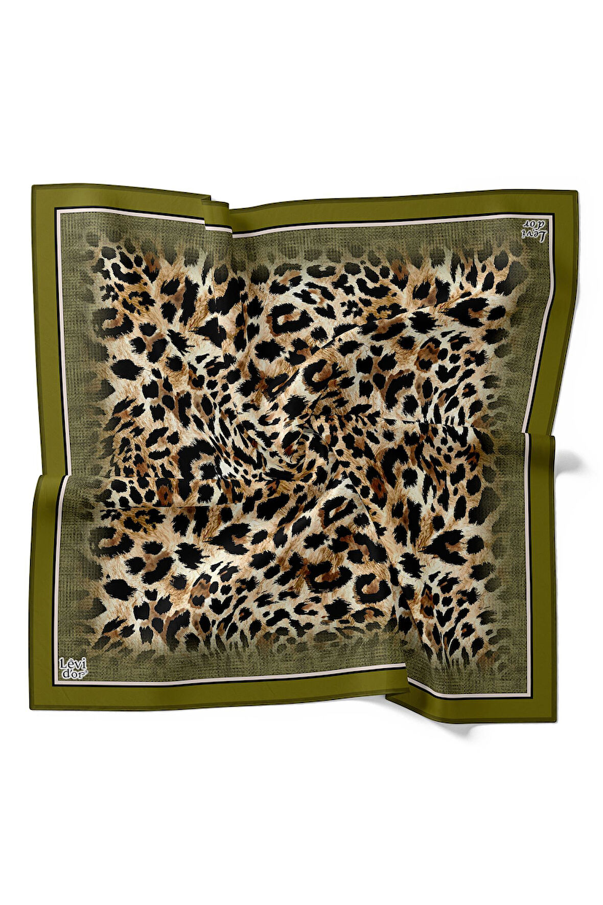 Yağ Yeşili Leopar Desen Twill İpek Eşarp