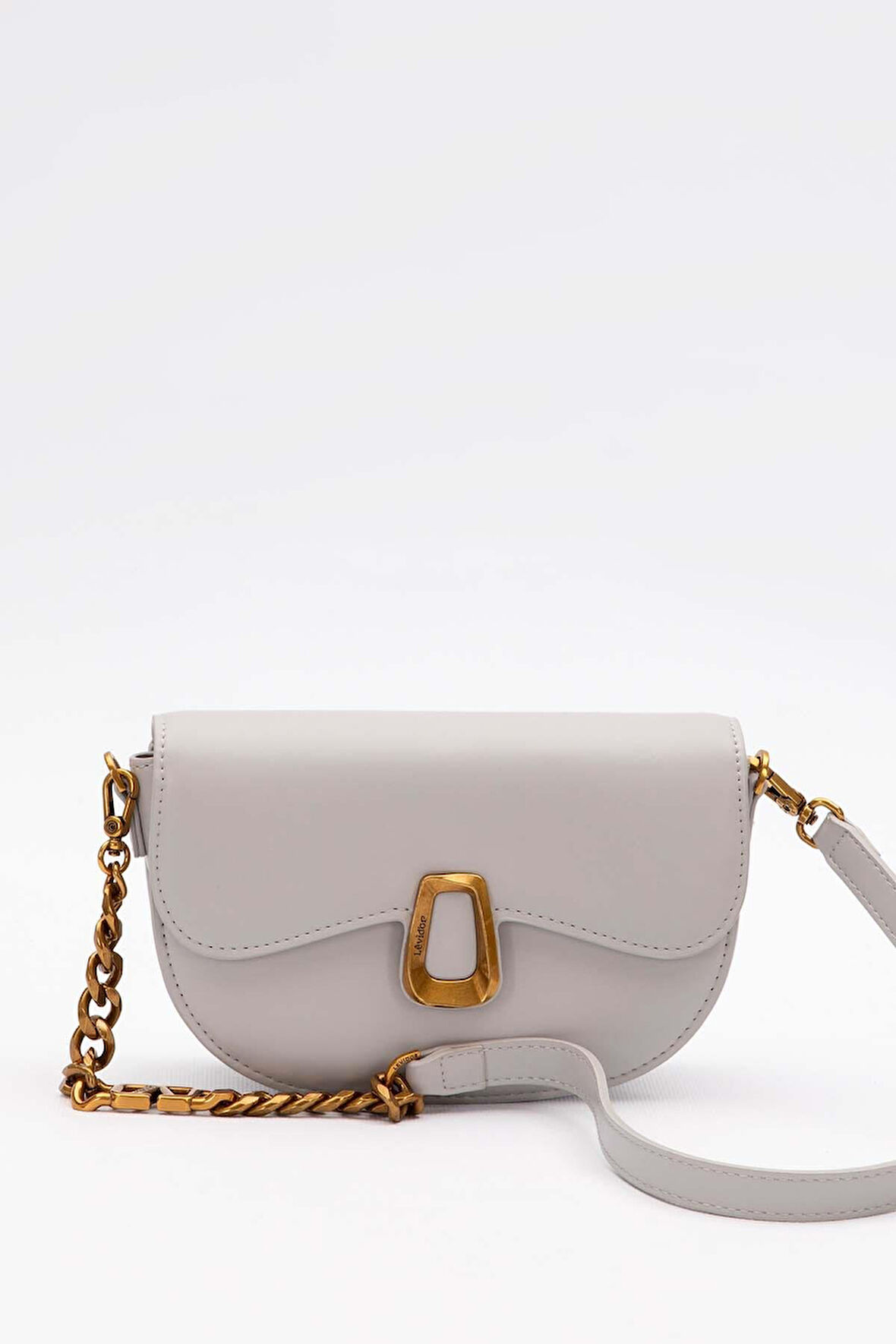 Gri Oval Zincir Detaylı Omuz Çantası